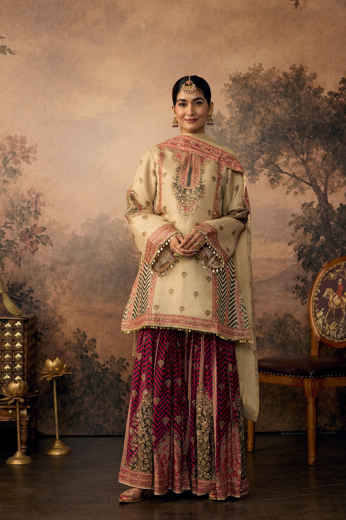 Beige Pink Embellished Shimmer Silk Sharara Set