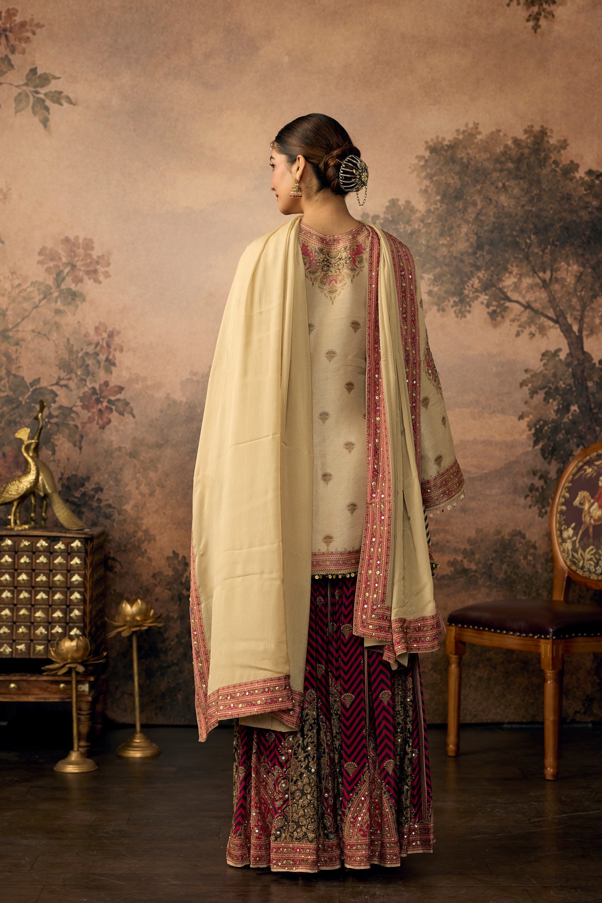 Beige Pink Embellished Shimmer Silk Sharara Set