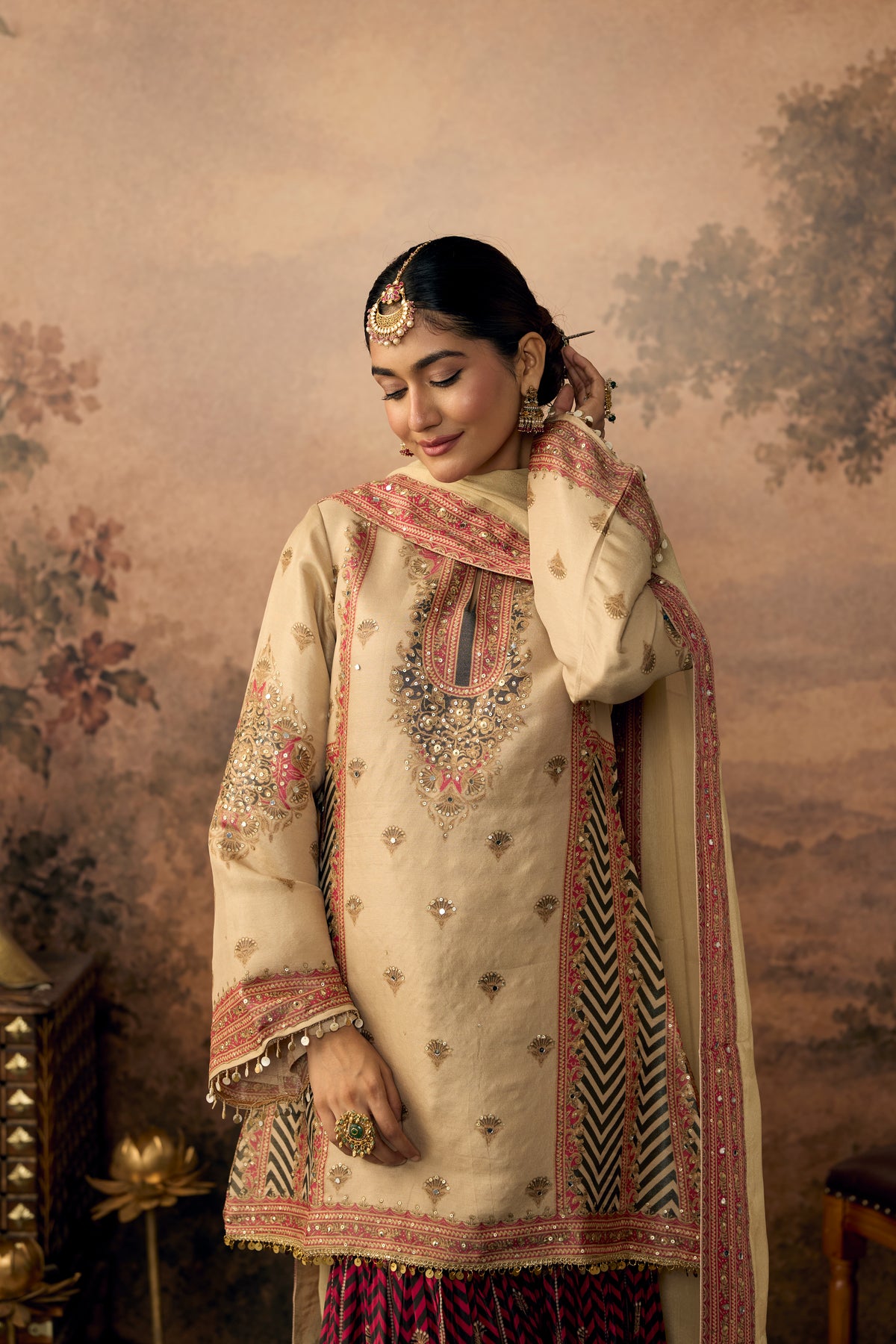 Beige Pink Embellished Shimmer Silk Sharara Set
