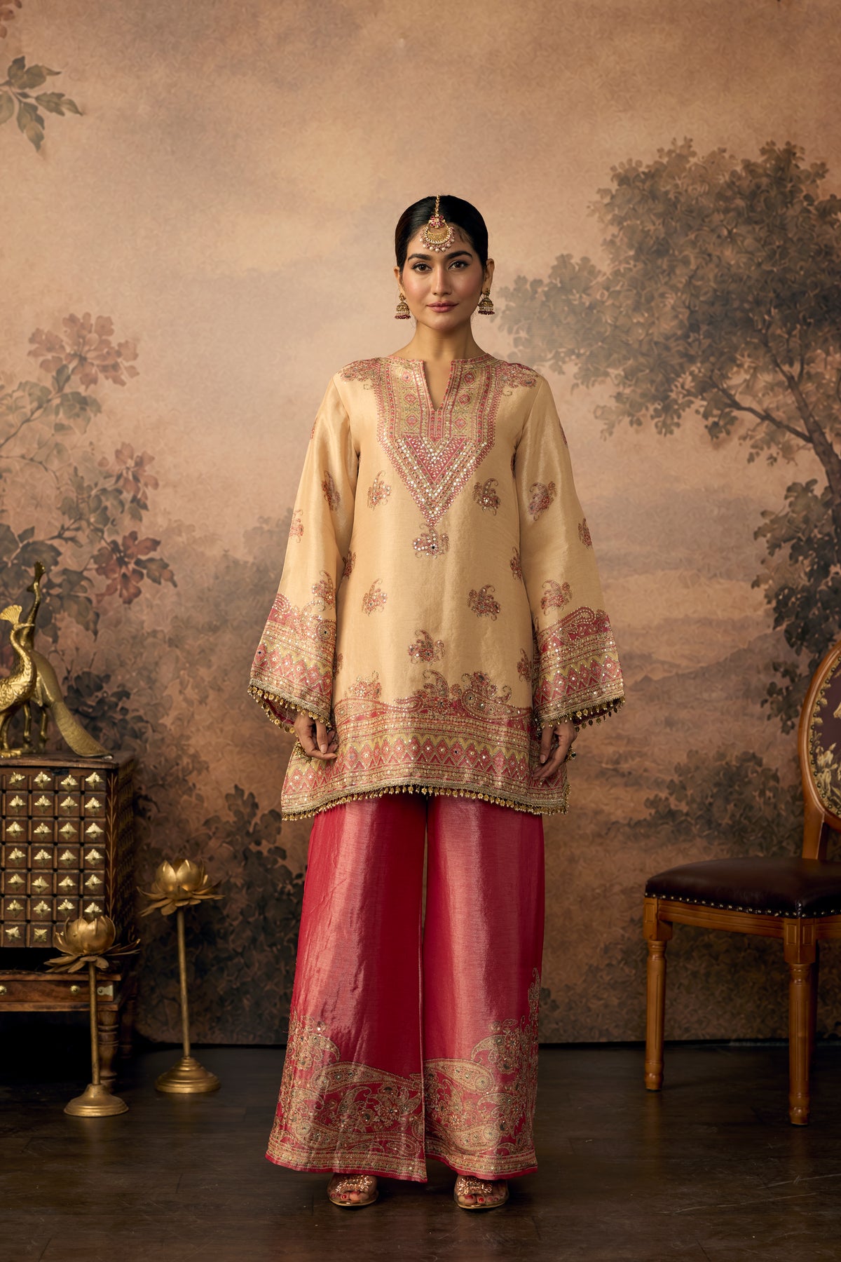 Beige Magenta Embellished Shimmer Silk Palazzo Set