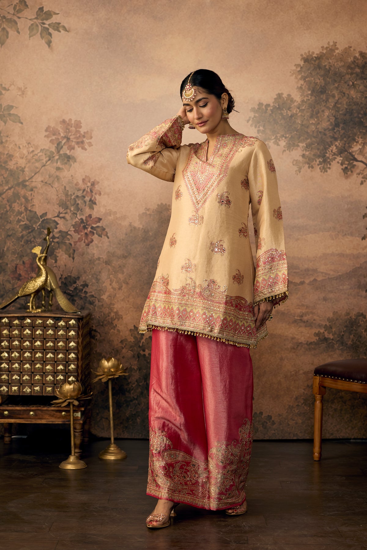 Beige Magenta Embellished Shimmer Silk Palazzo Set