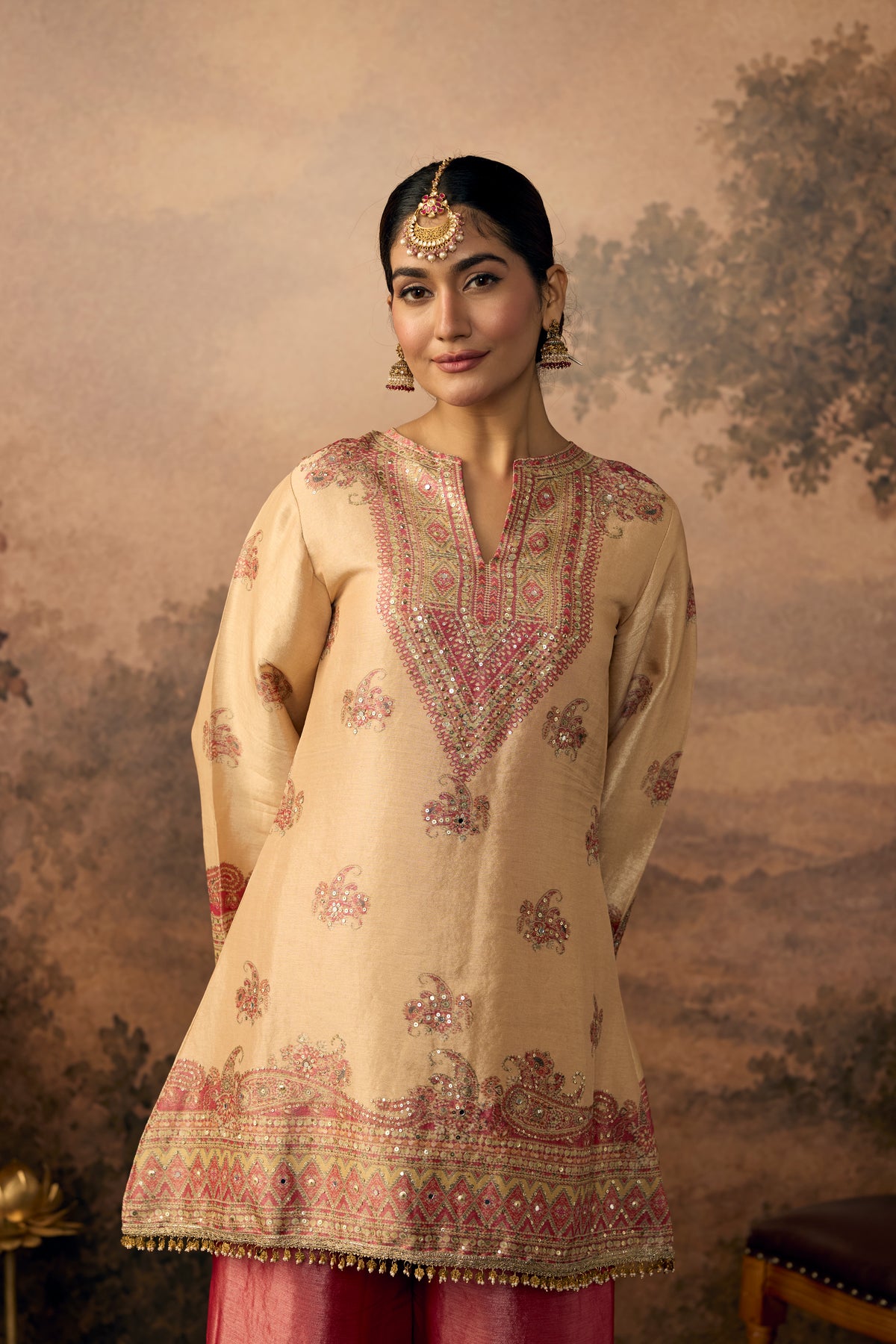 Beige Magenta Embellished Shimmer Silk Palazzo Set