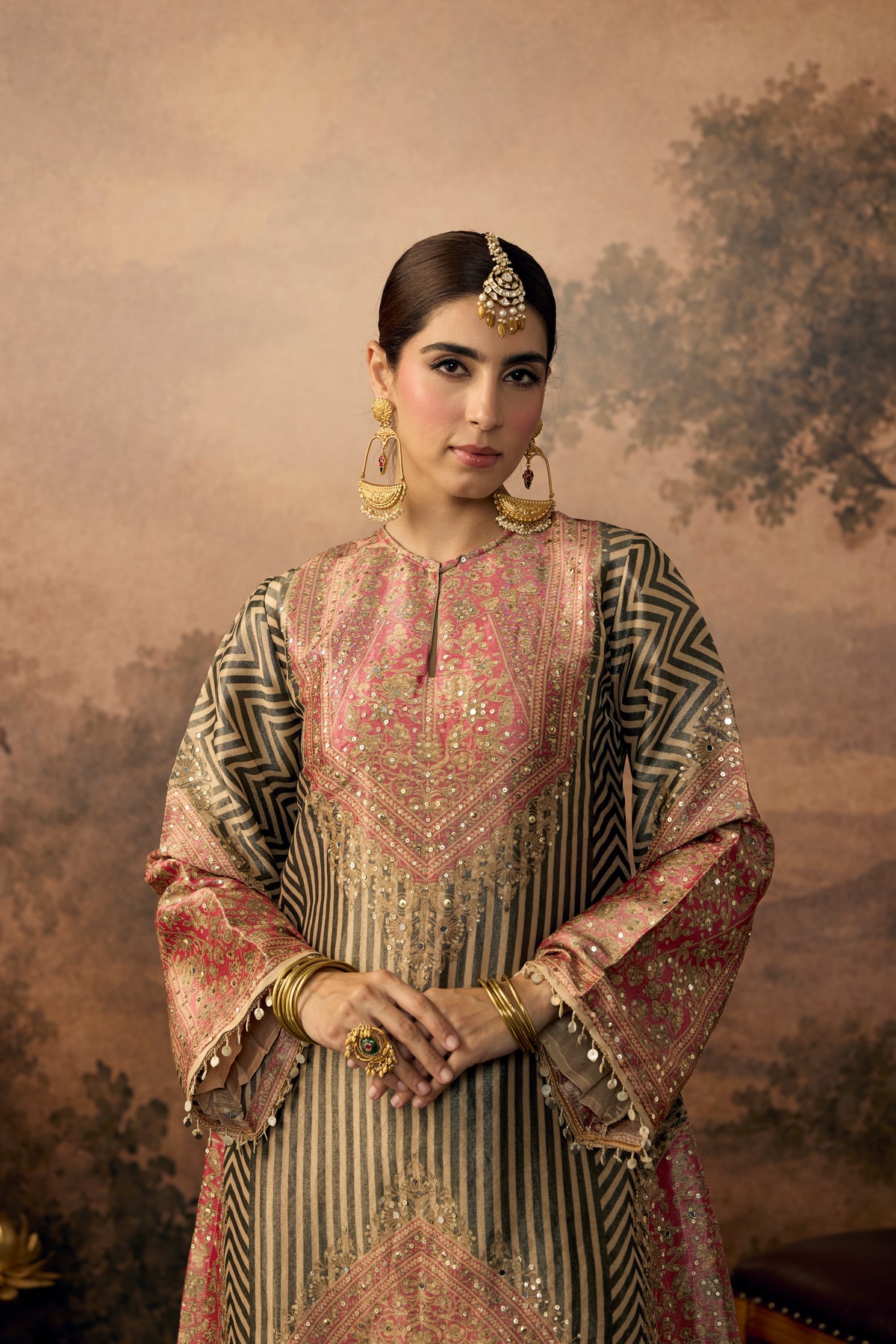 Olive Green & Pink Embellished Shimmer Silk Salwar Set