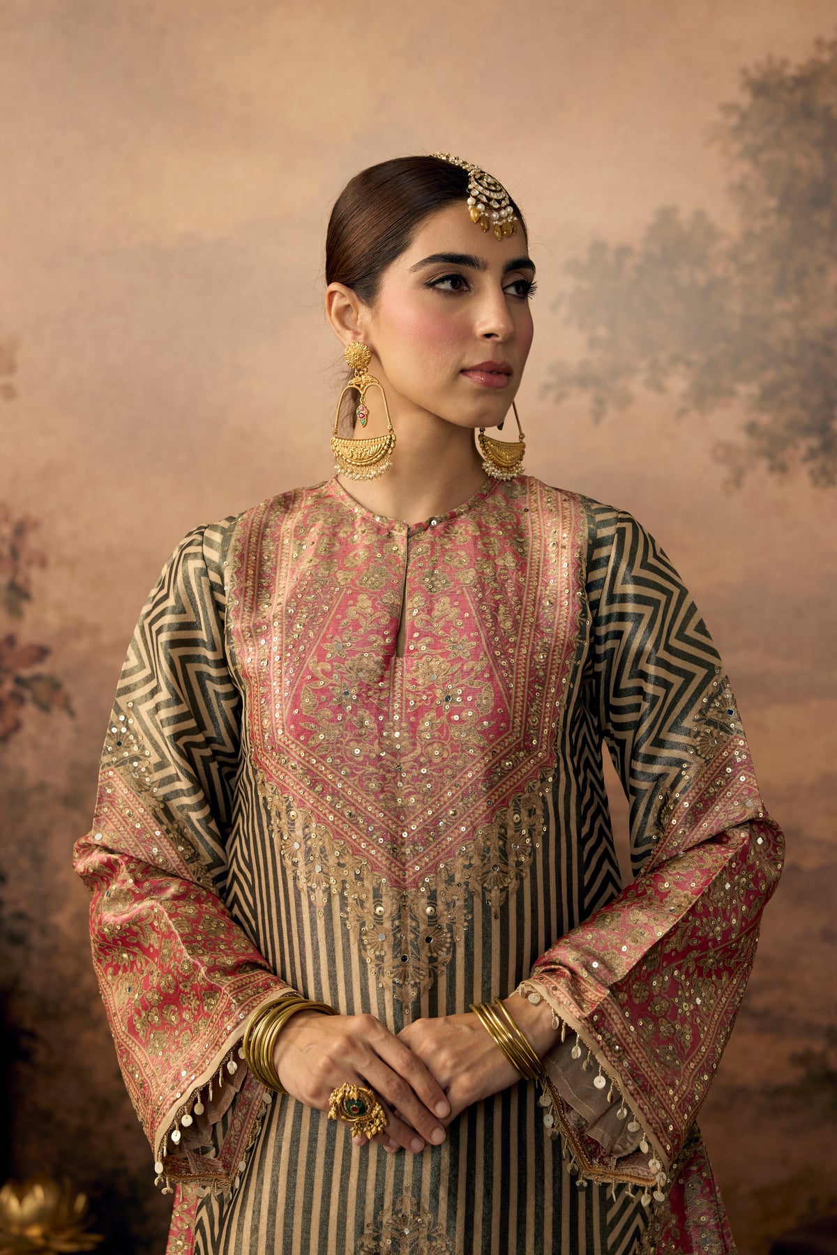 Olive Green & Pink Embellished Shimmer Silk Salwar Set