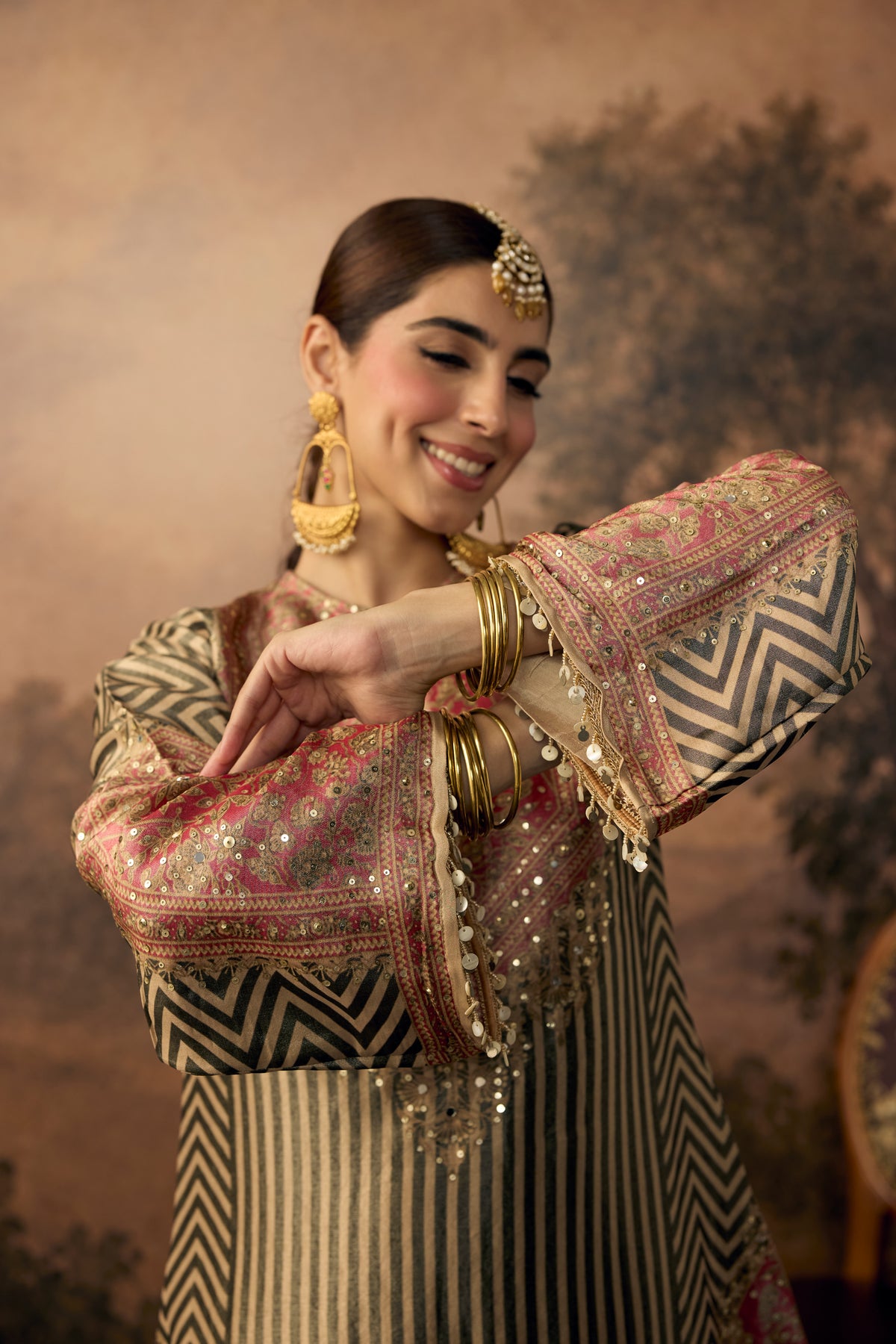 Olive Green & Pink Embellished Shimmer Silk Salwar Set