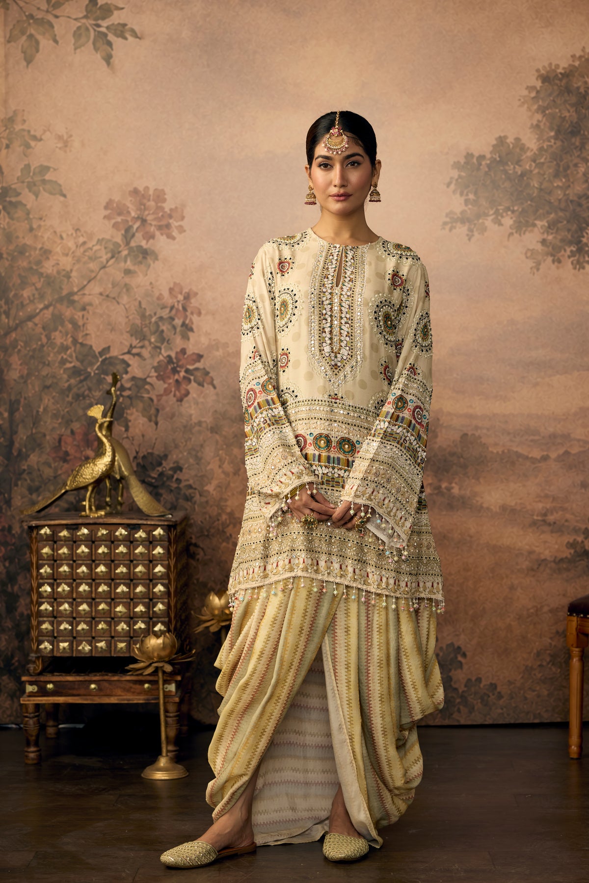 Off White Muse Embellished Crepe Silk Skirt Set