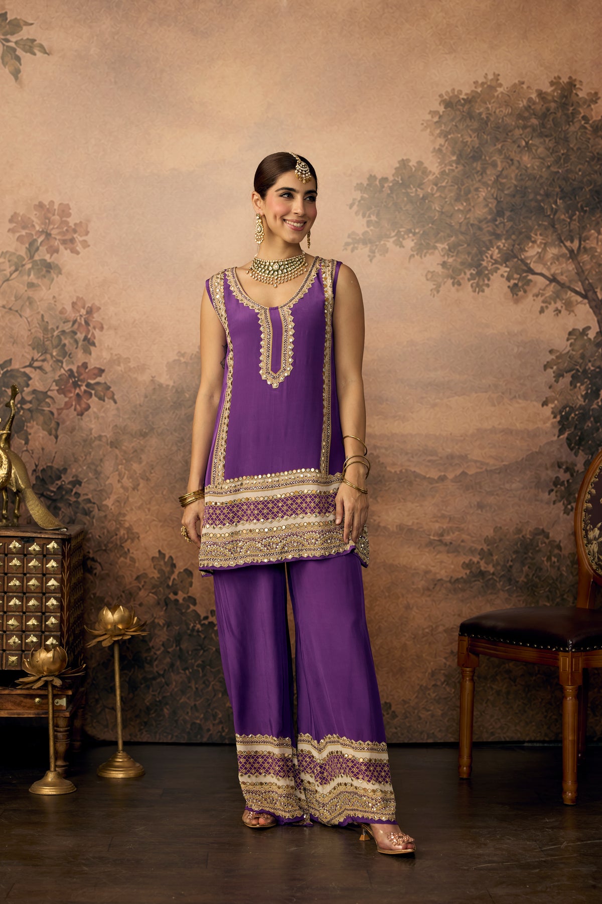 Ivory Violet Embellished Crepe Silk Palazzo Set