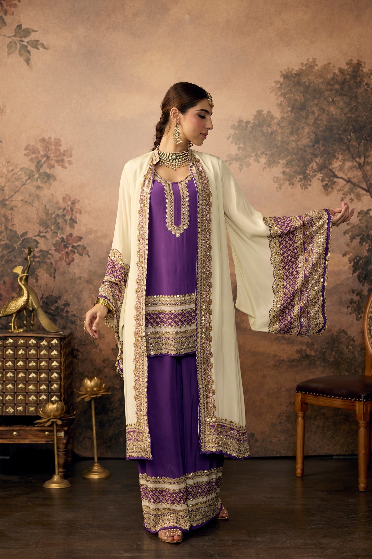 Ivory Violet Embellished Crepe Silk Palazzo Set