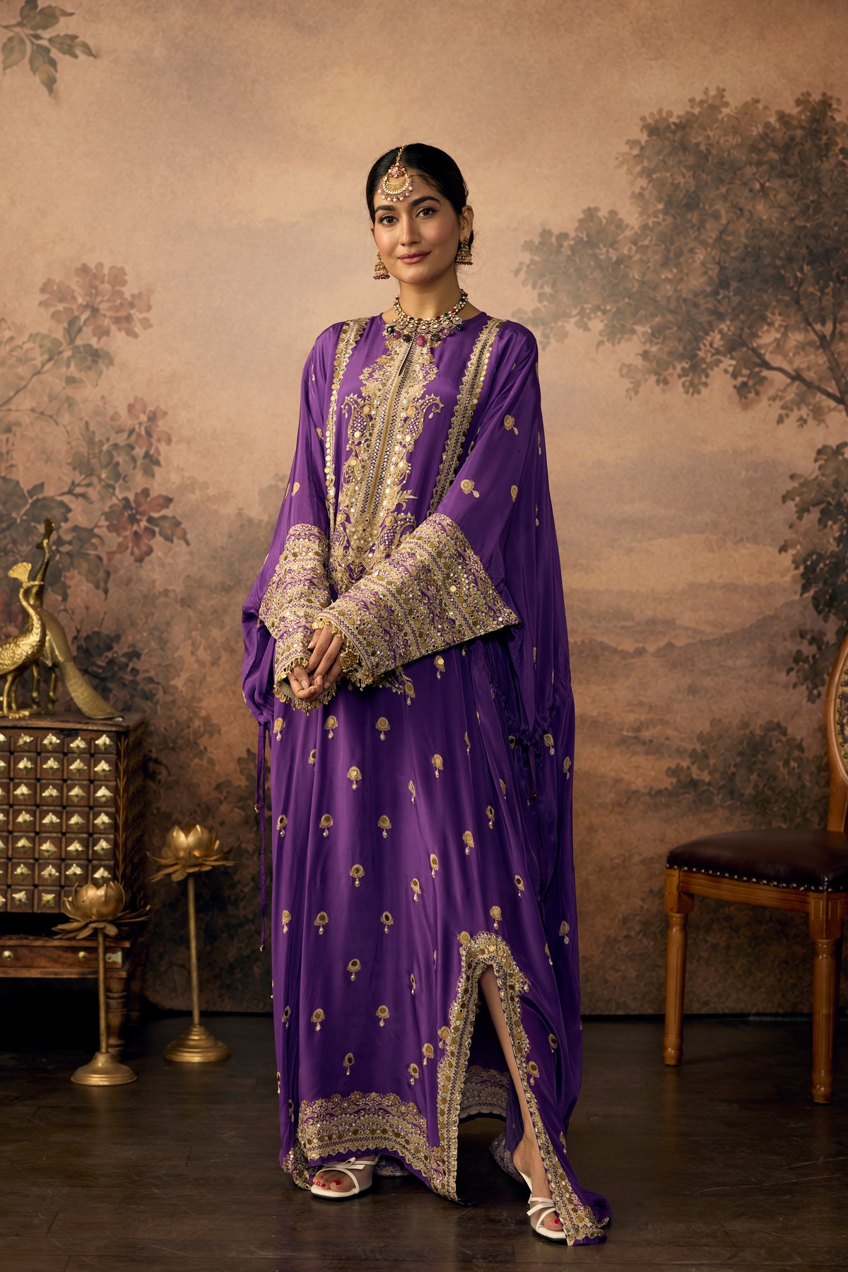Royal Violet Embellished Crepe Silk Long Kaftan Dress