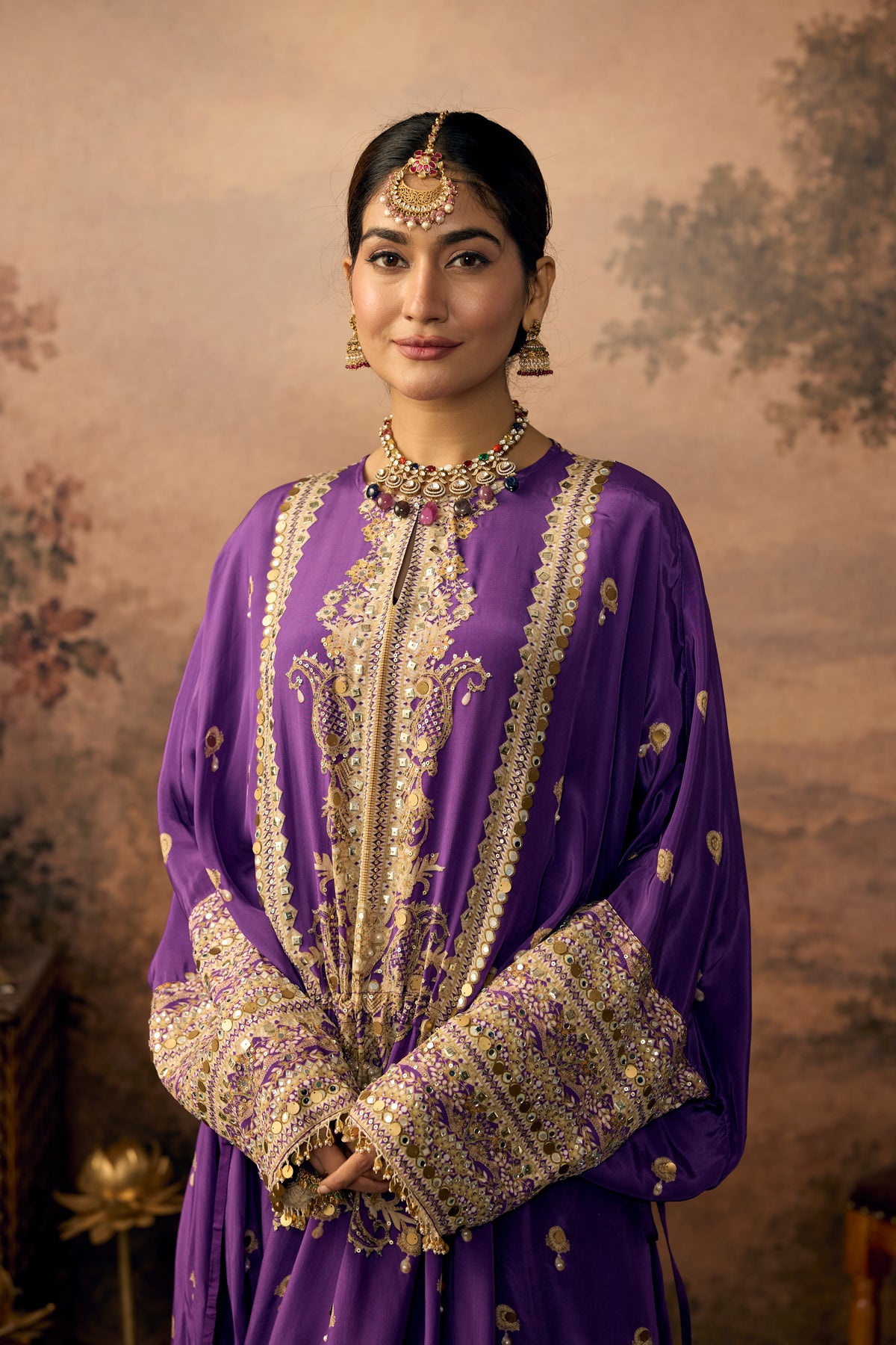 Royal Violet Embellished Crepe Silk Long Kaftan Dress