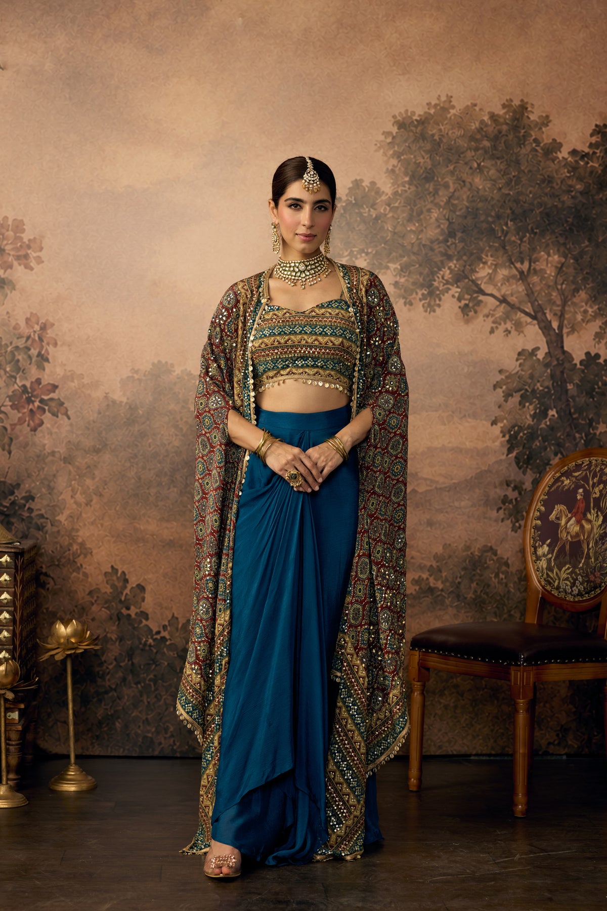Peacock Blue Embellished Crepe Silk Skirt Set