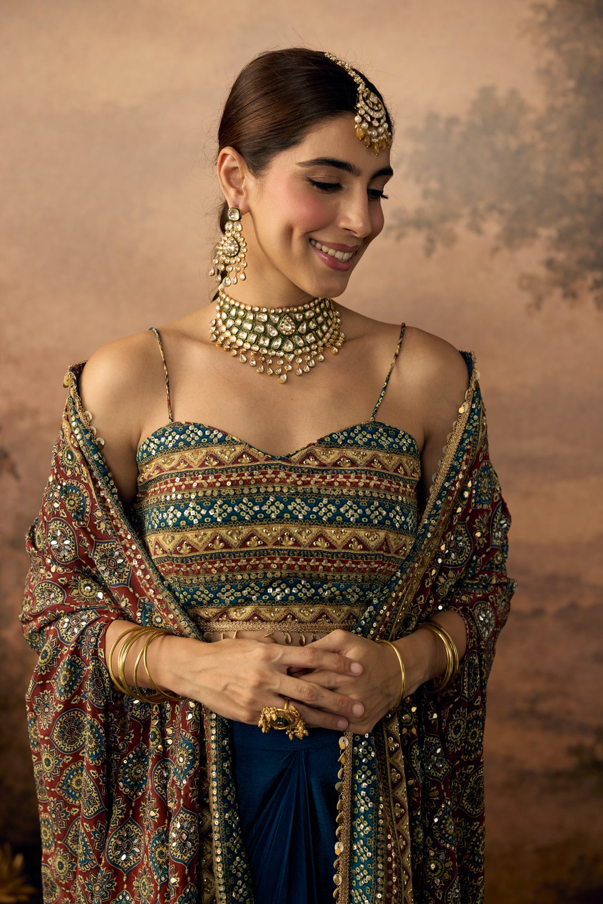 Peacock Blue Embellished Crepe Silk Skirt Set