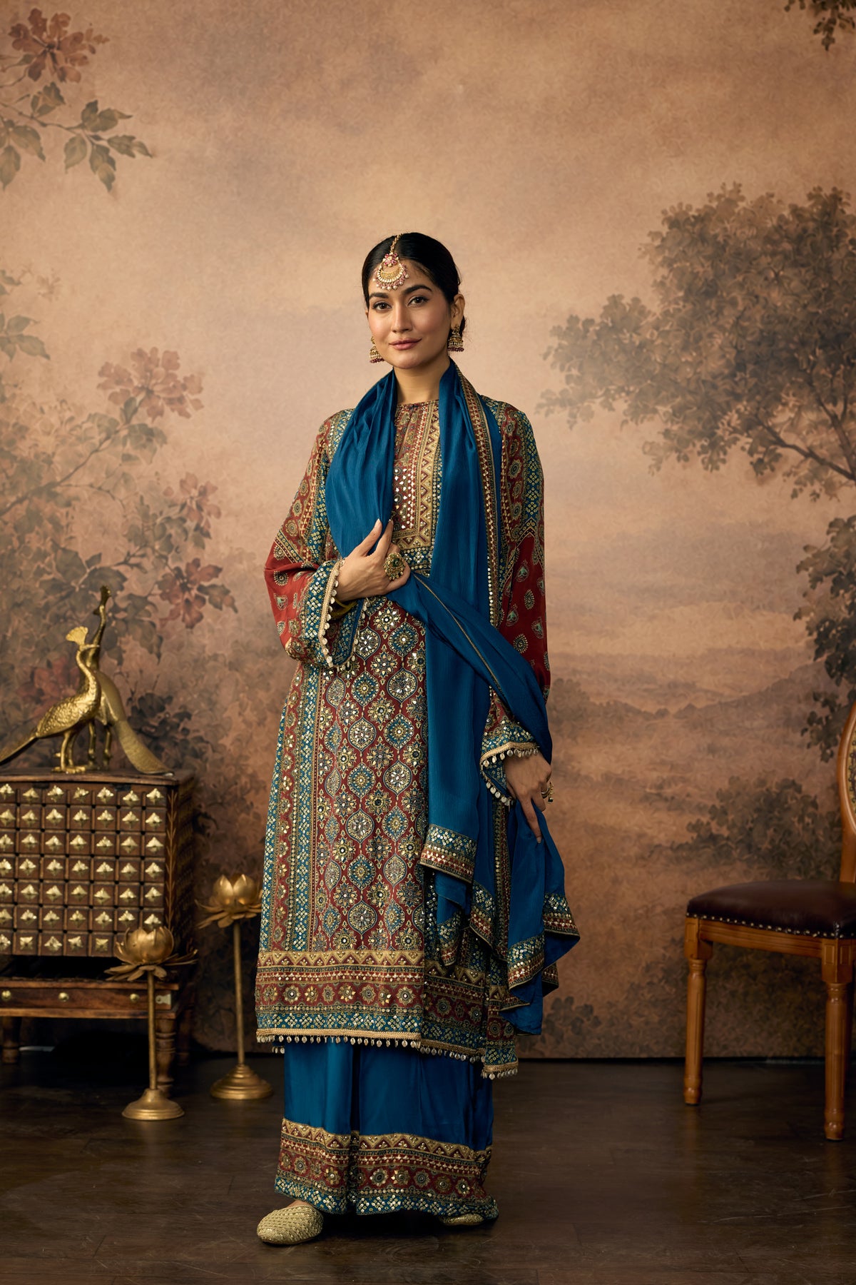 Peacock Teal Embellished Crepe Silk Pant Set