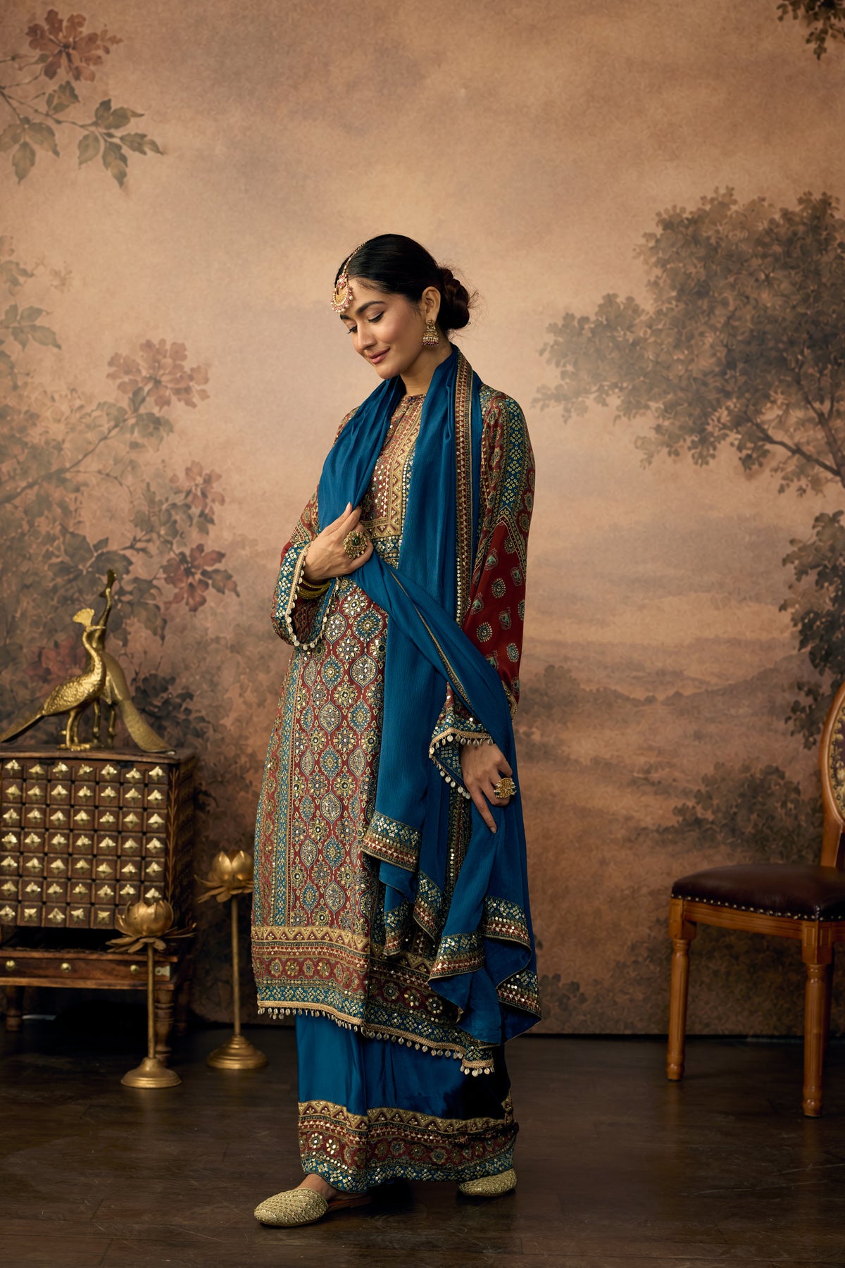 Peacock Teal Embellished Crepe Silk Pant Set
