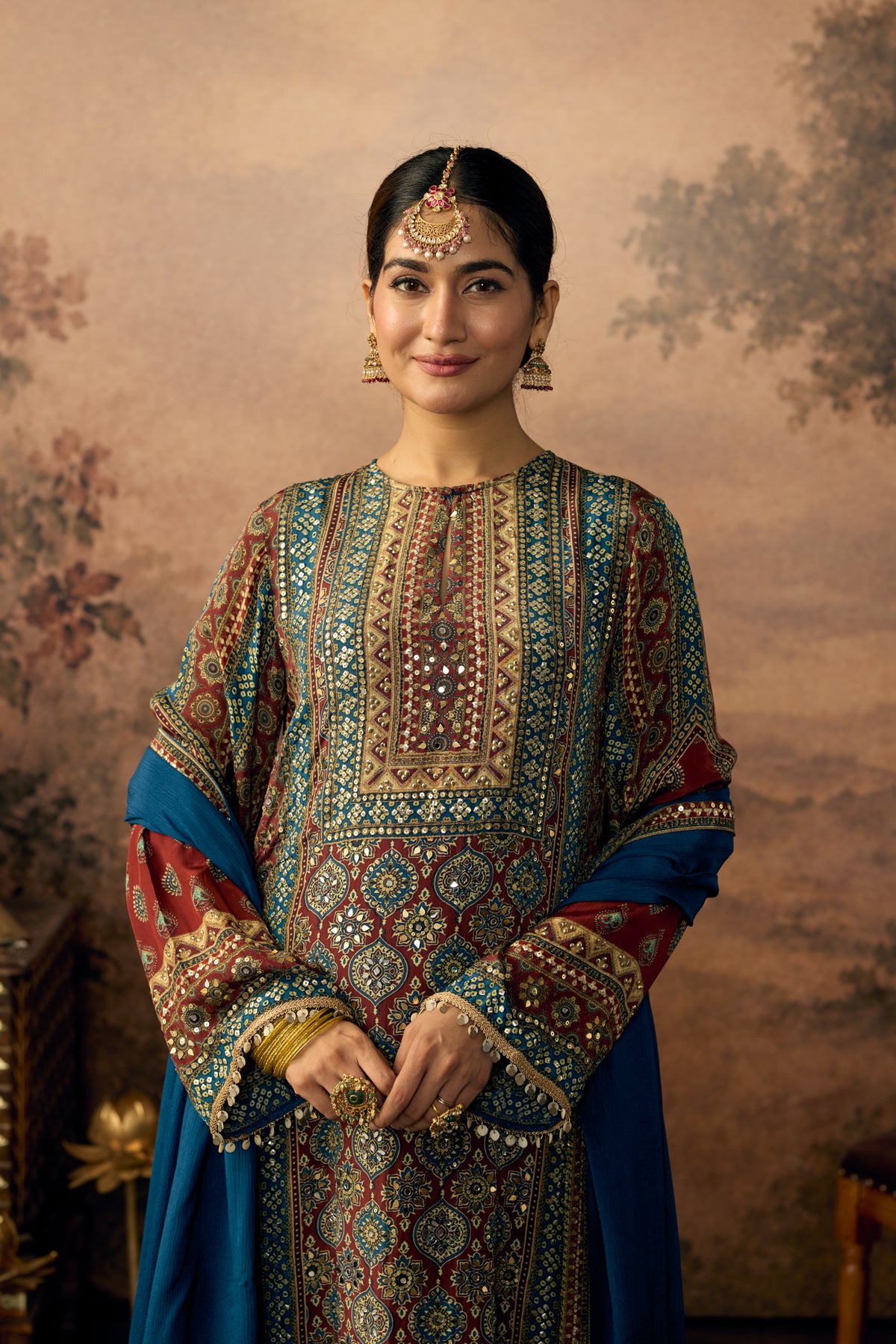 Peacock Teal Embellished Crepe Silk Pant Set