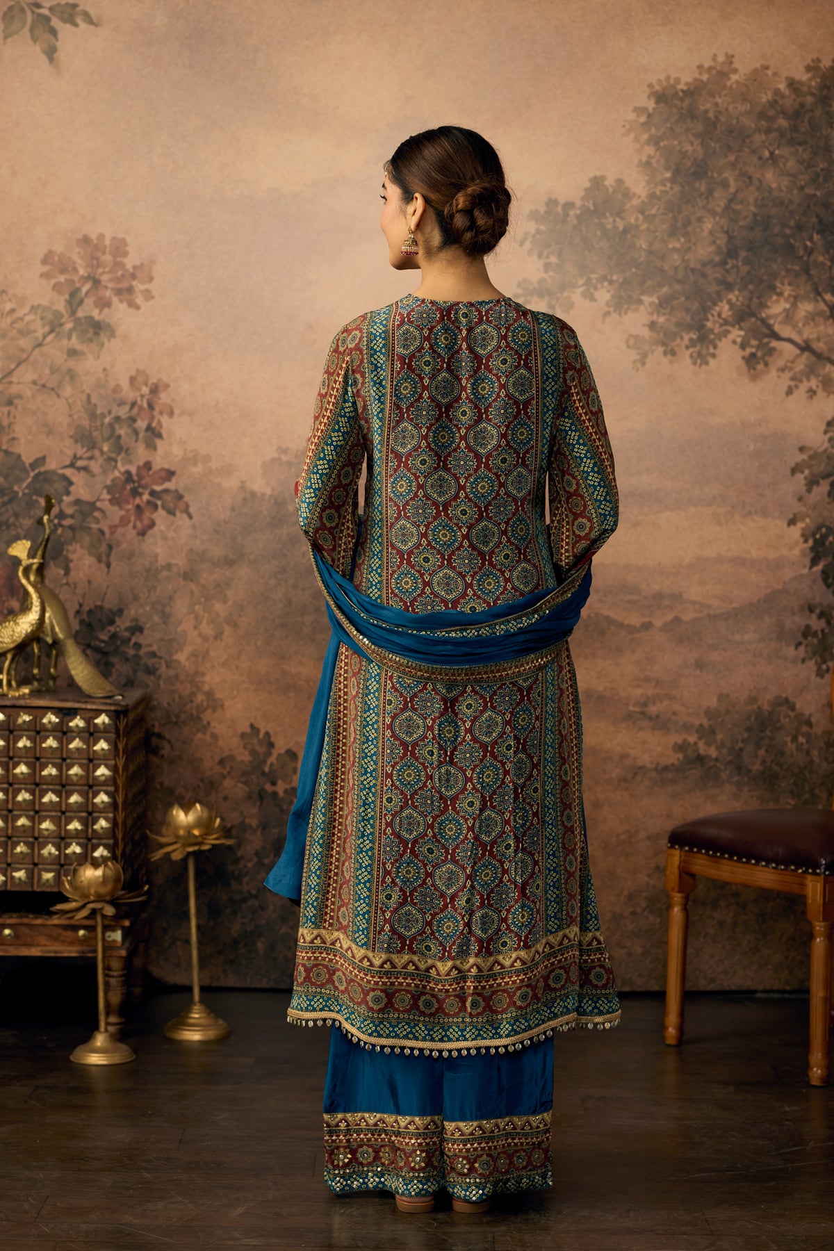 Peacock Teal Embellished Crepe Silk Pant Set