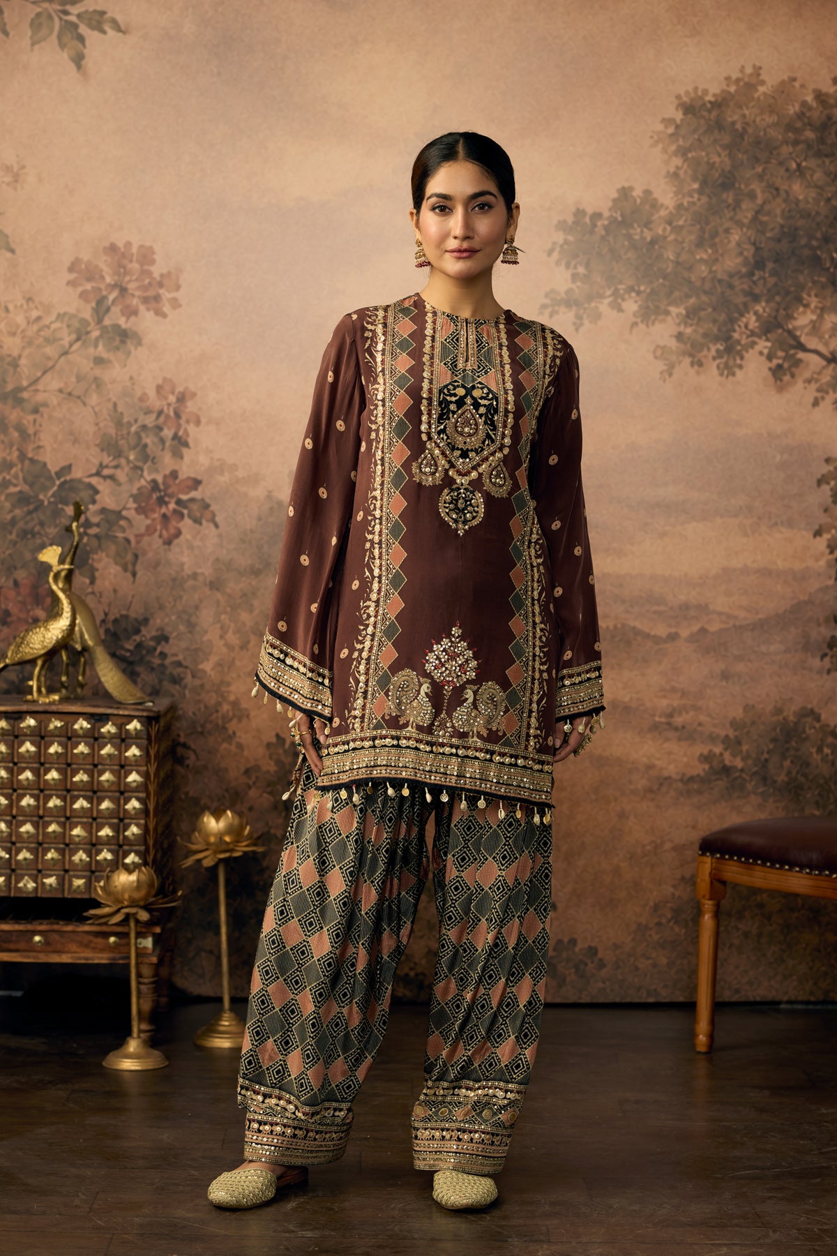 Rich Brown Embellished Crepe Silk Salwar Set