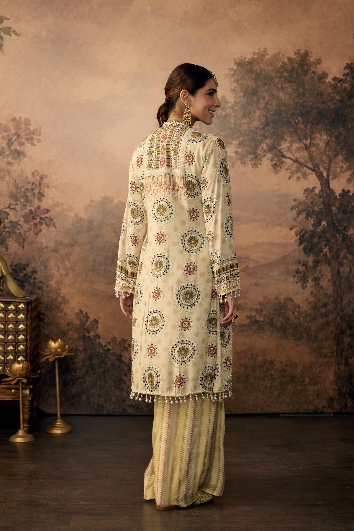 Pastel Beige Embellished Crepe Silk Pant Set