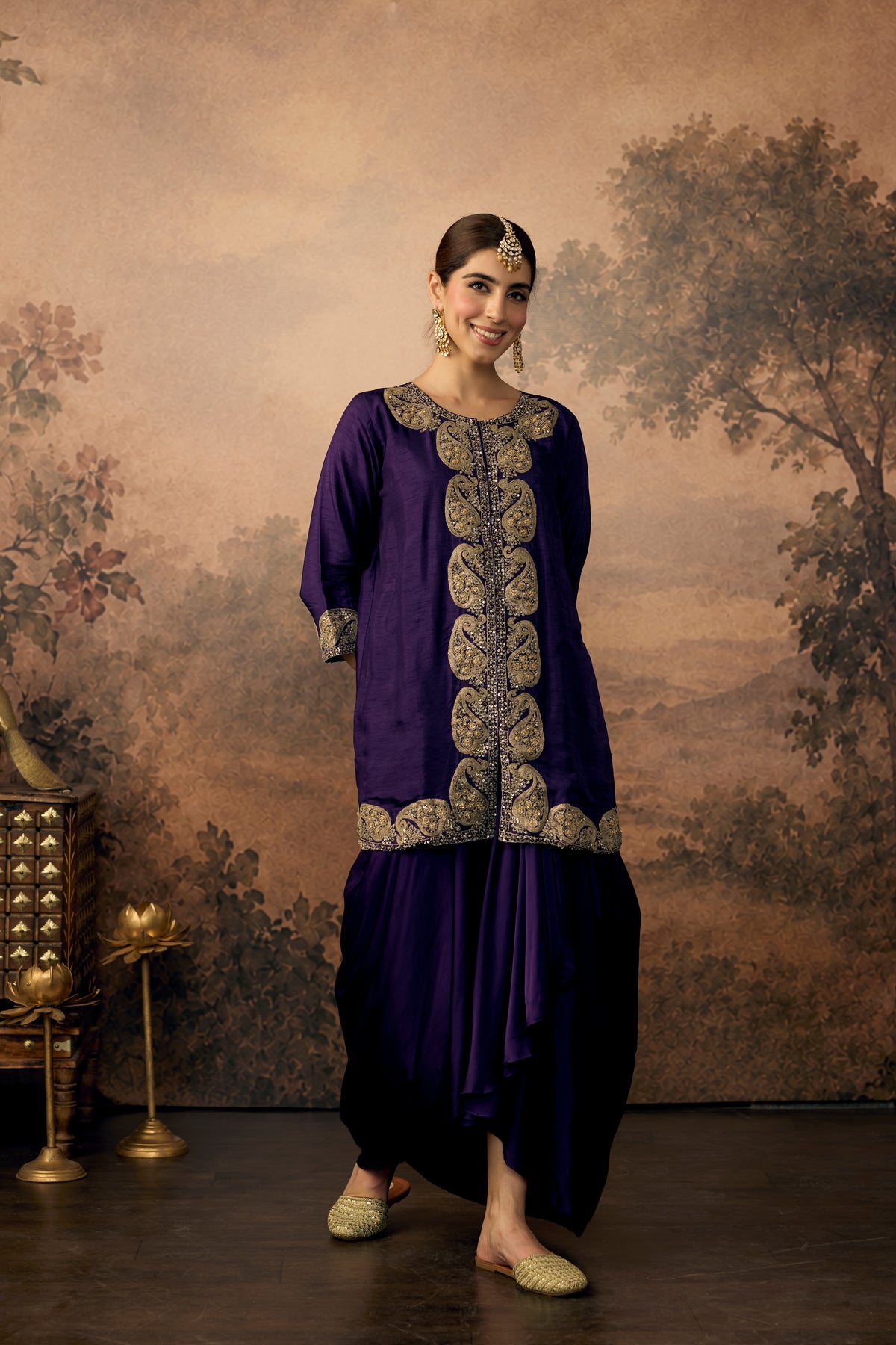 Royal Purple Embellished Raw Silk Skirt Set