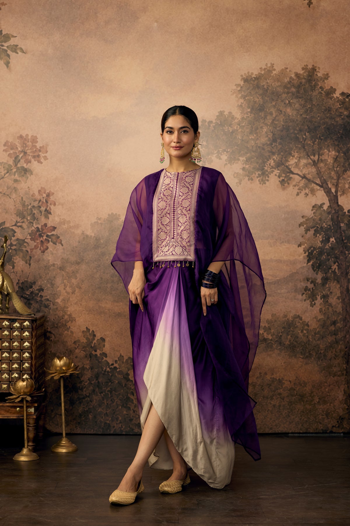 Rich Purple Embellished Organza Silk Kaftan Set