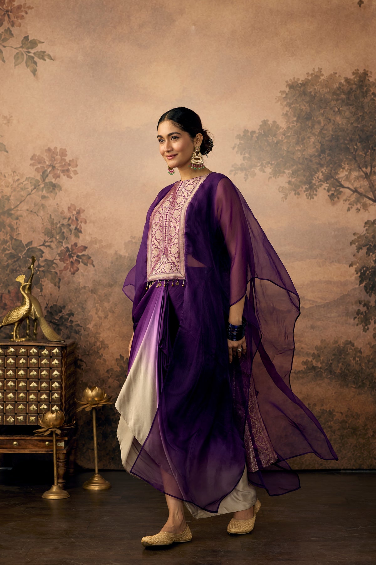 Rich Purple Embellished Organza Silk Kaftan Set
