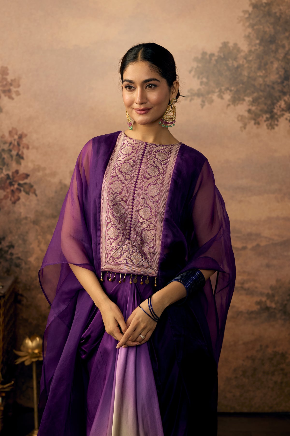 Rich Purple Embellished Organza Silk Kaftan Set