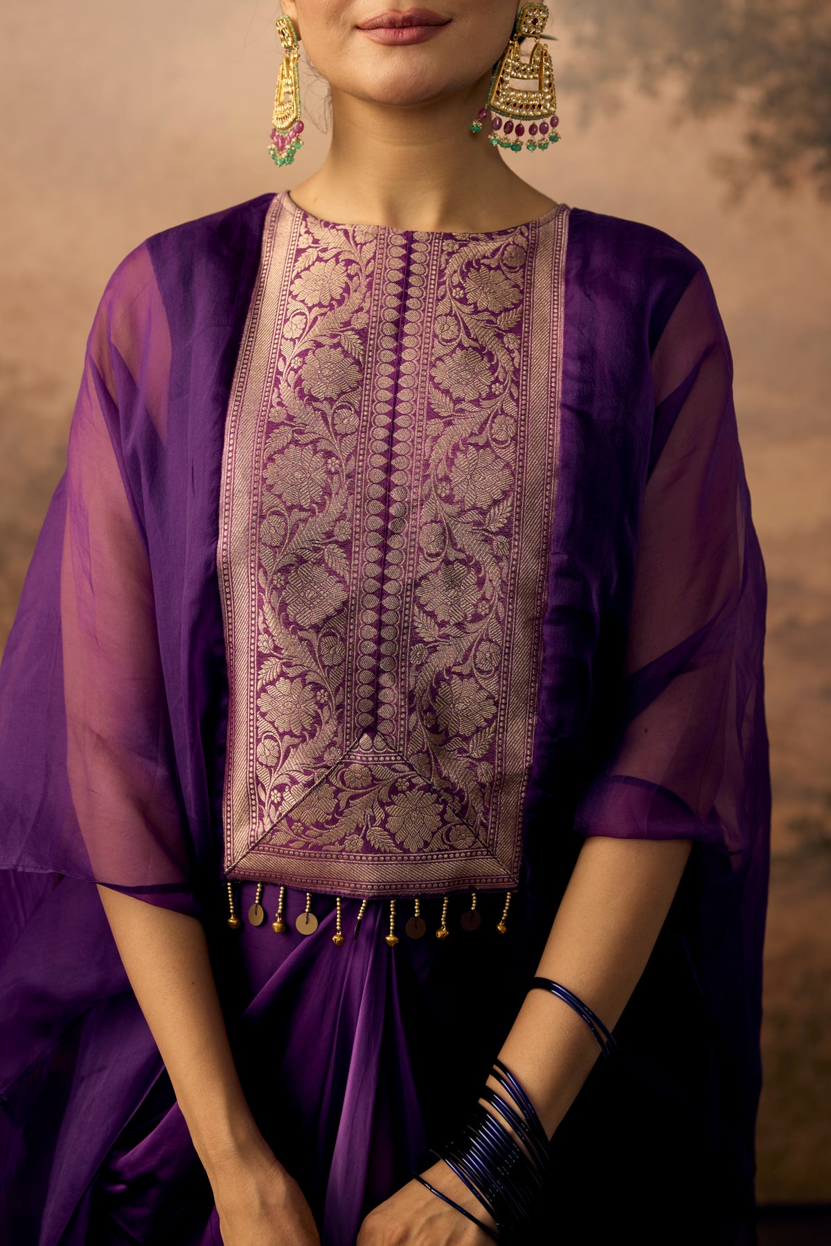 Rich Purple Embellished Organza Silk Kaftan Set