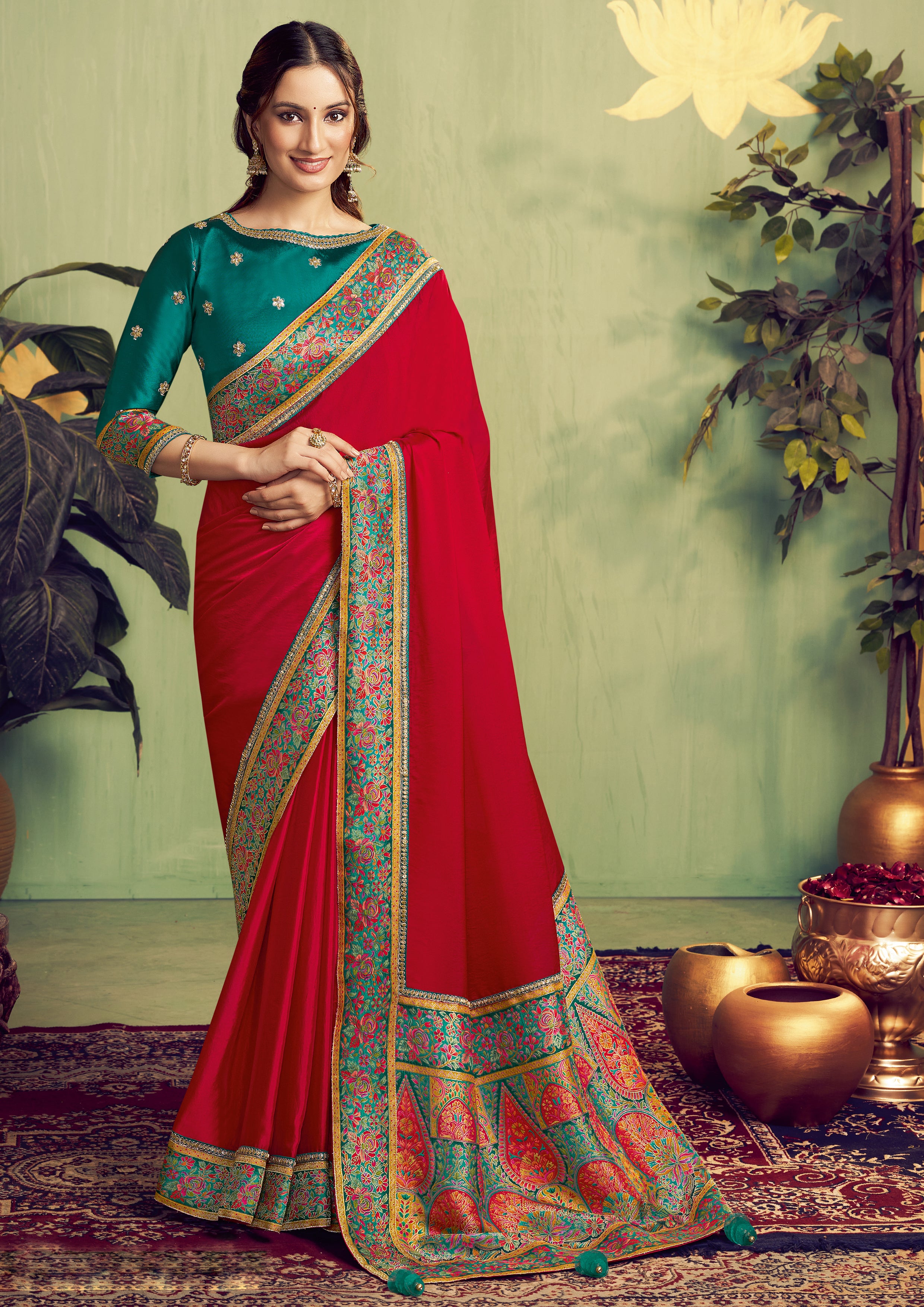 Ruby Red Embellished Satin Silk Saree