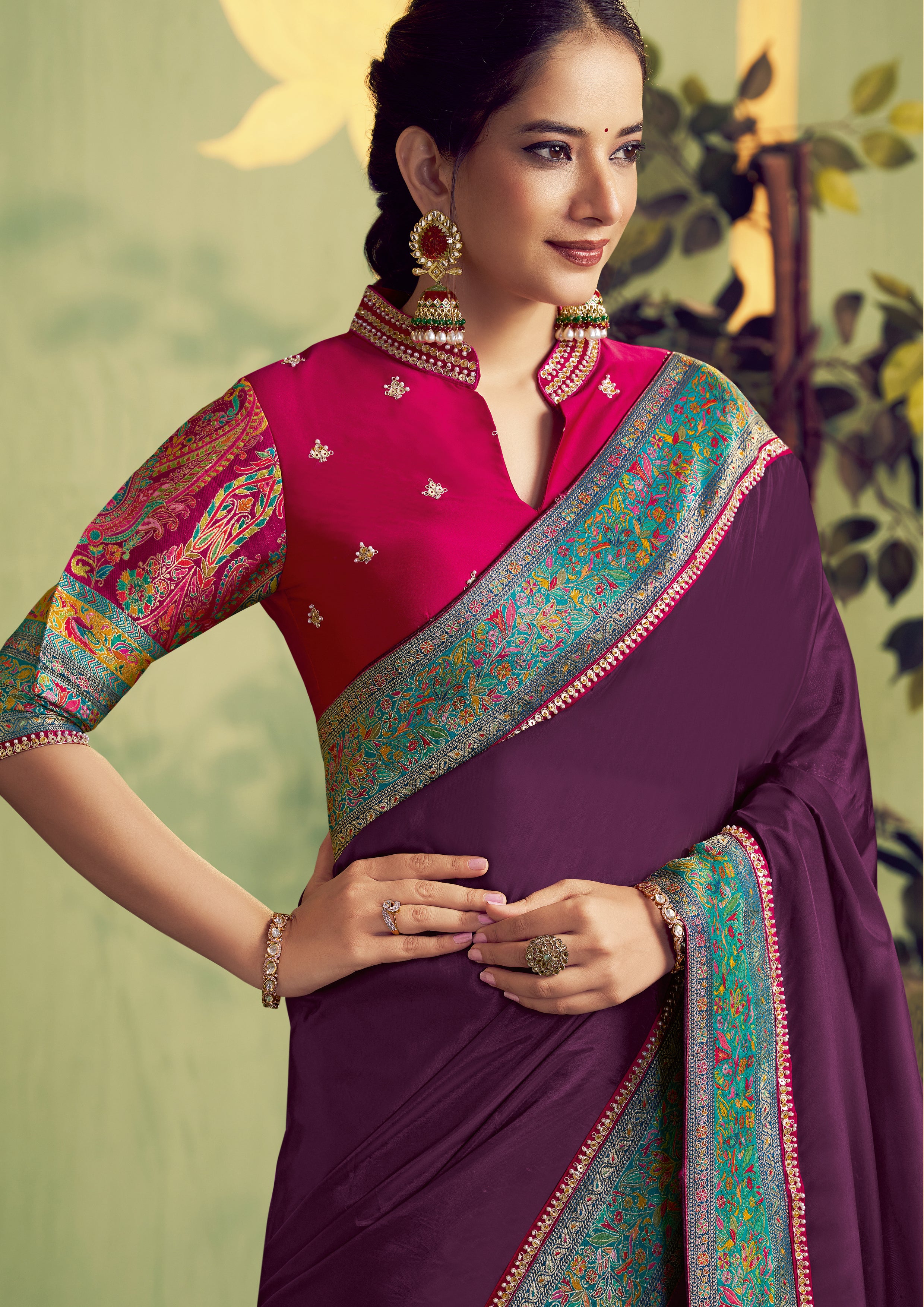Wine Embellished Satin Silk Saree
