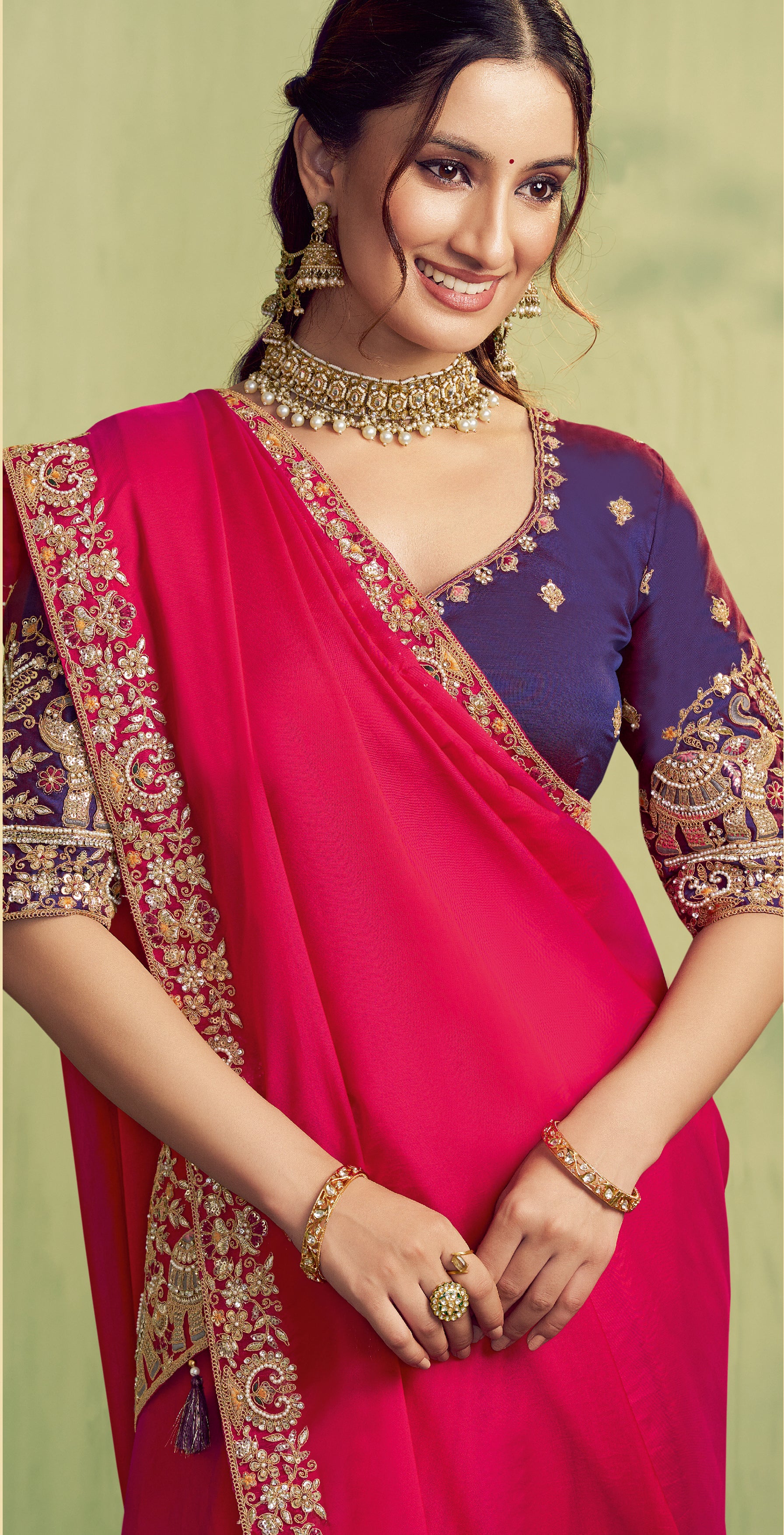 Fuchsia Embroidered Satin Silk Saree