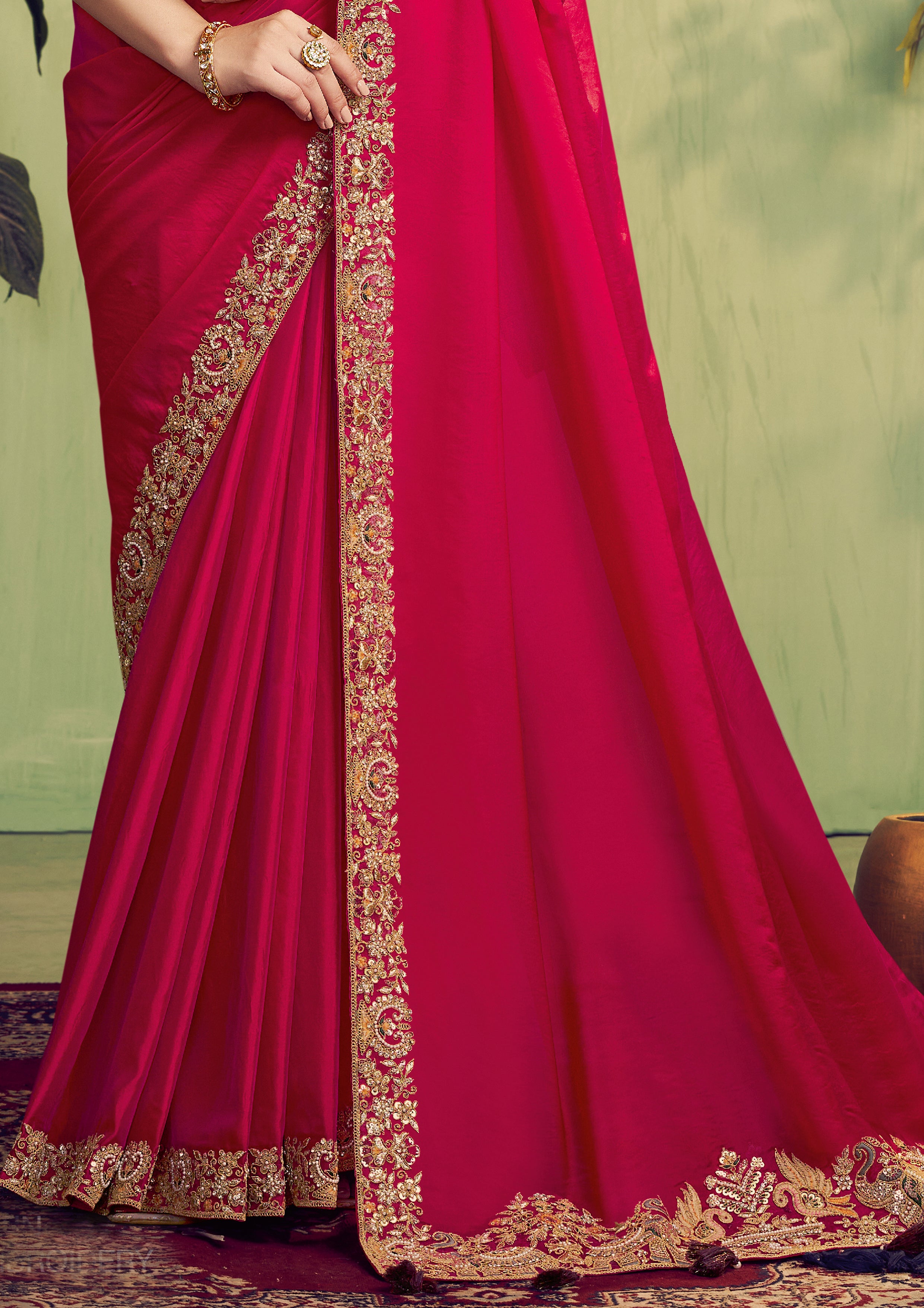 Fuchsia Embroidered Satin Silk Saree