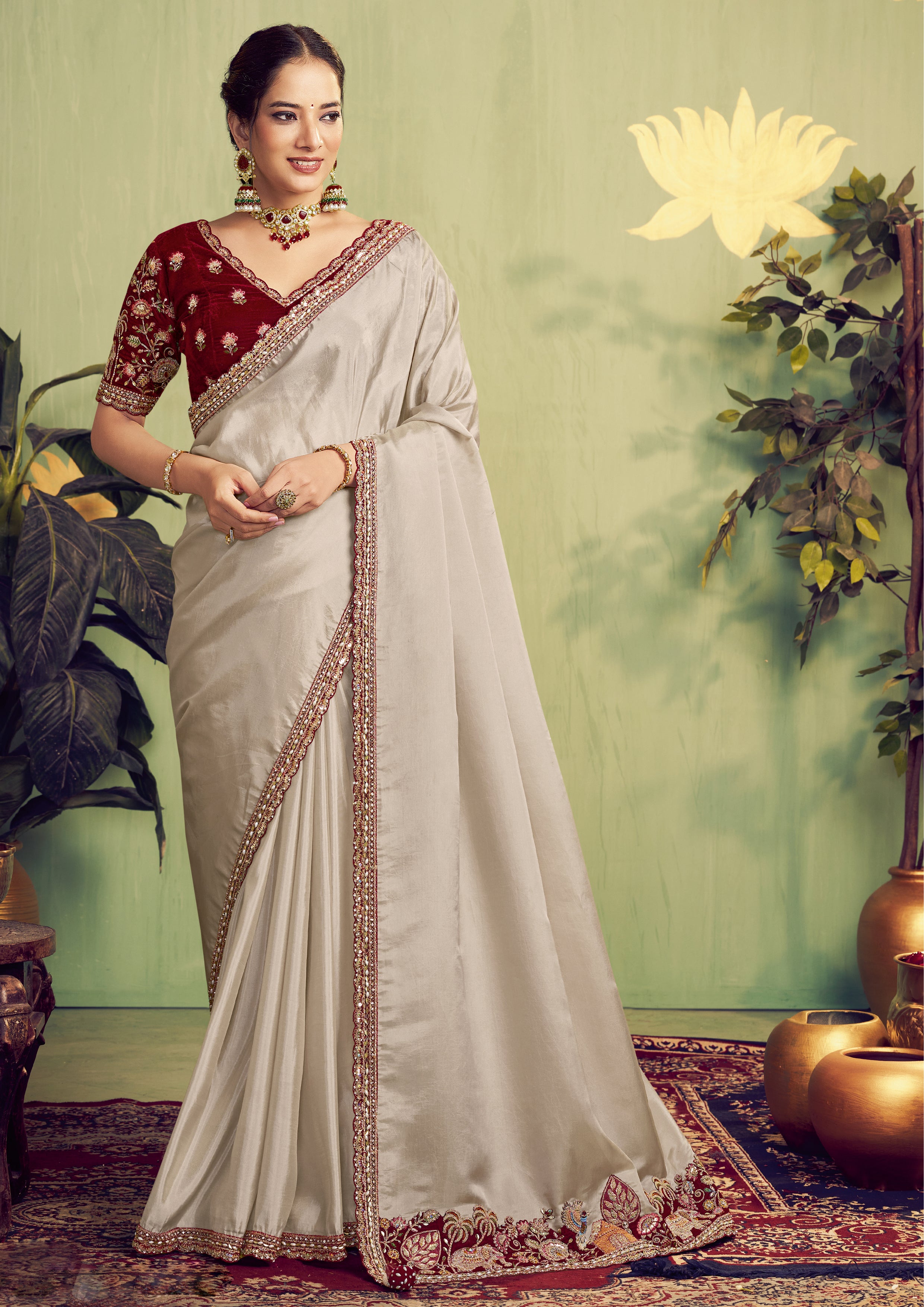 Beige Embroidered Uppada Silk Saree