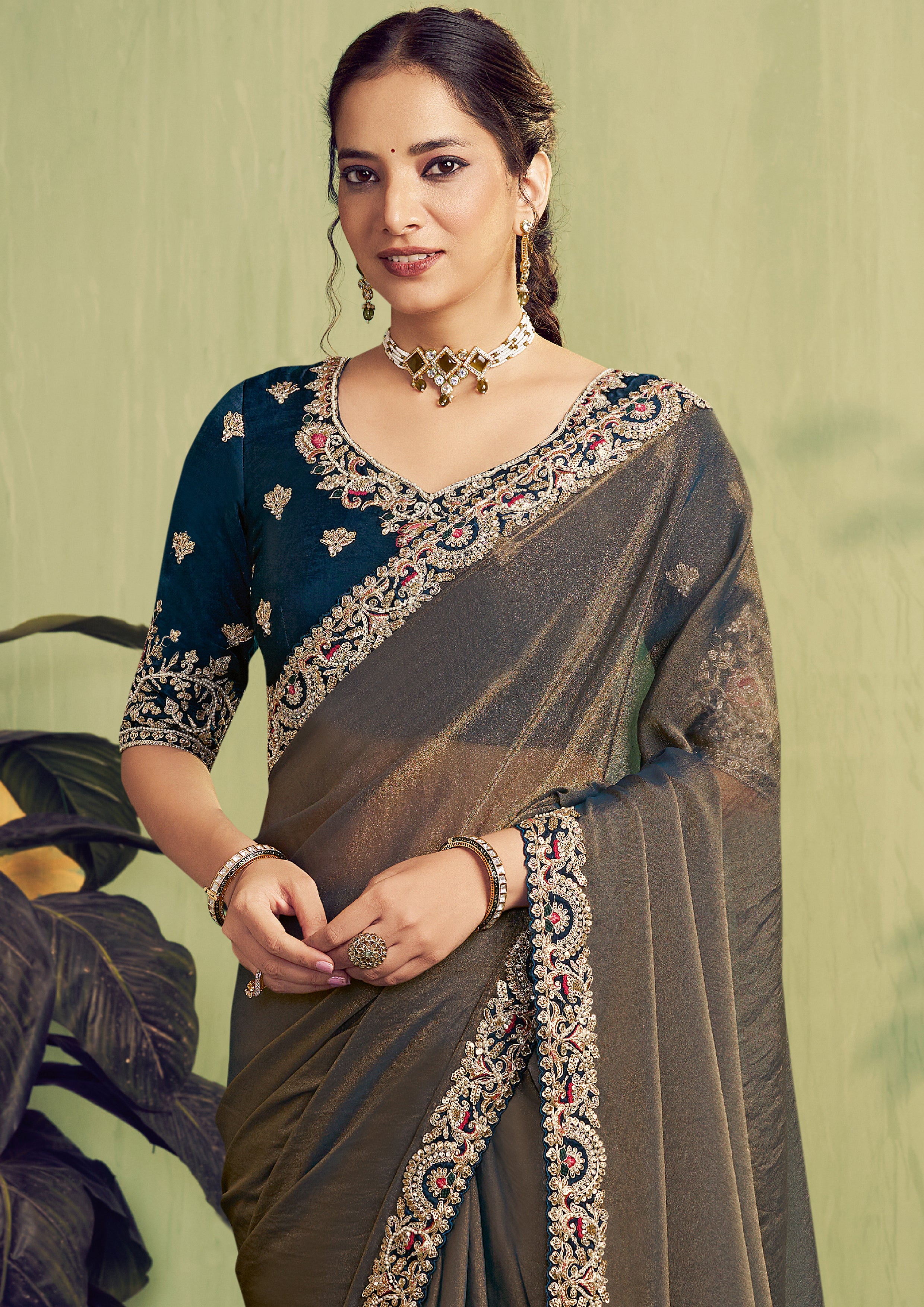 Brown Embellished Shimmer Tissue Silk Saree