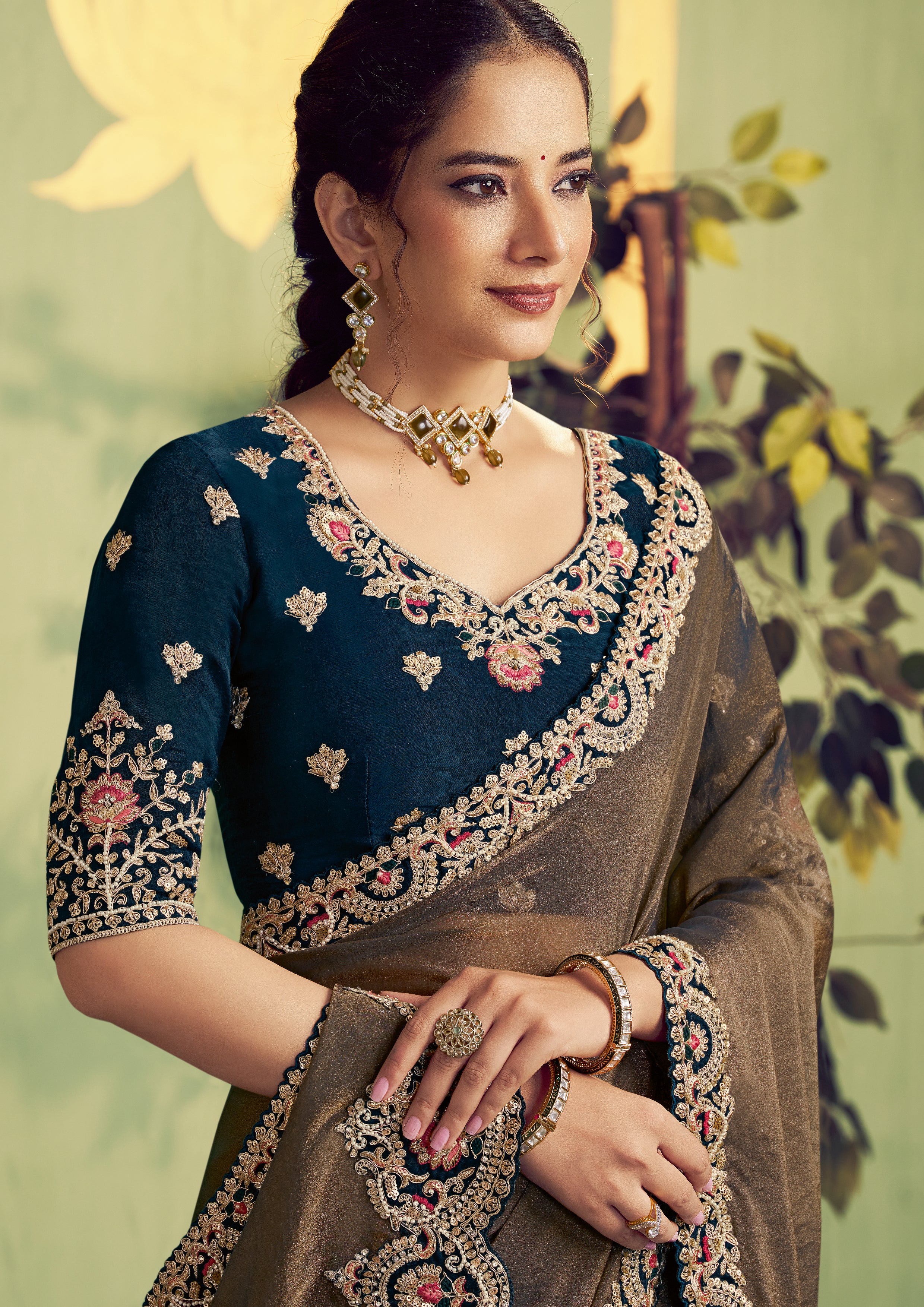 Brown Embellished Shimmer Tissue Silk Saree