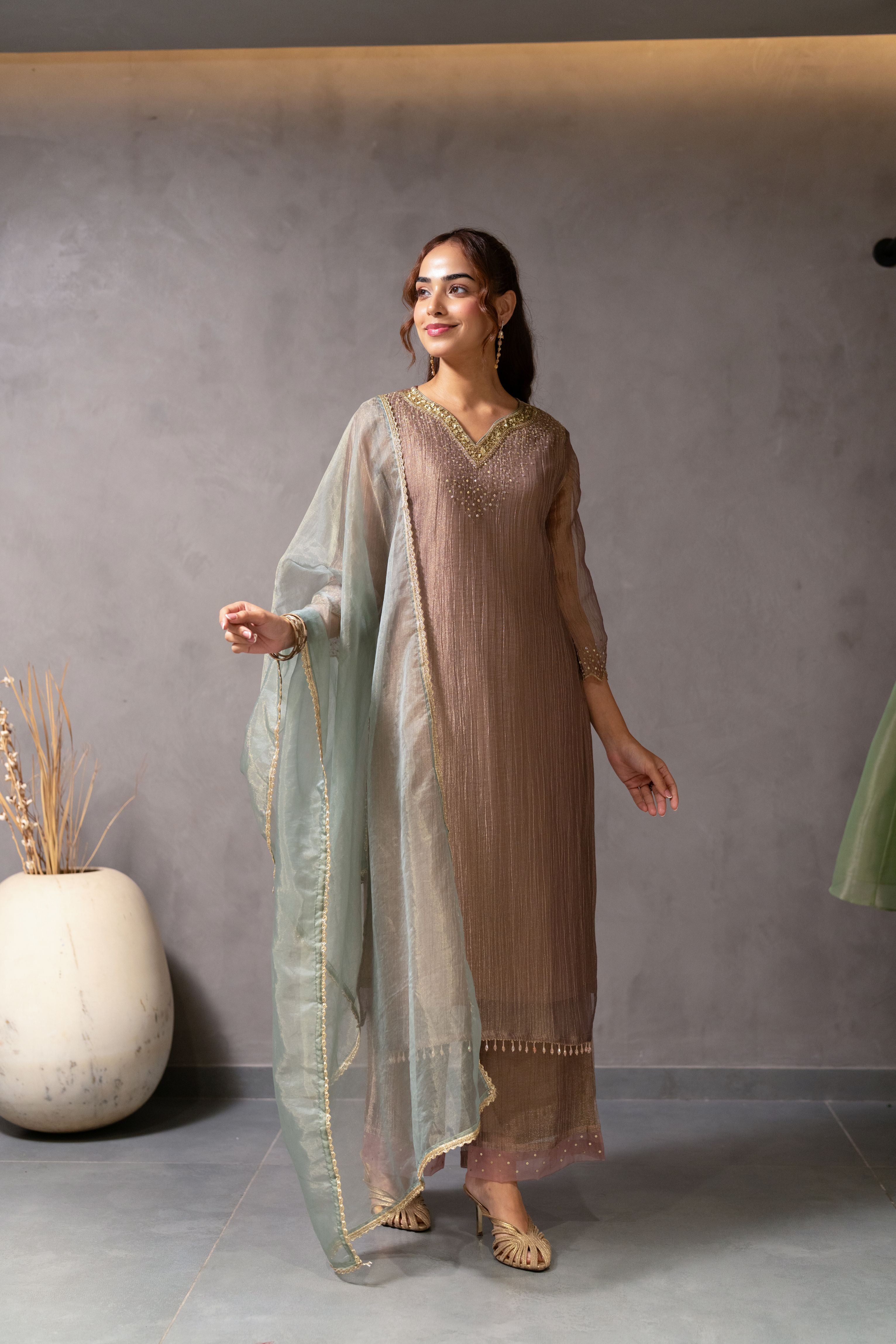 Bronze Metallic Embellished Shimmer Tissue Silk Pant Set