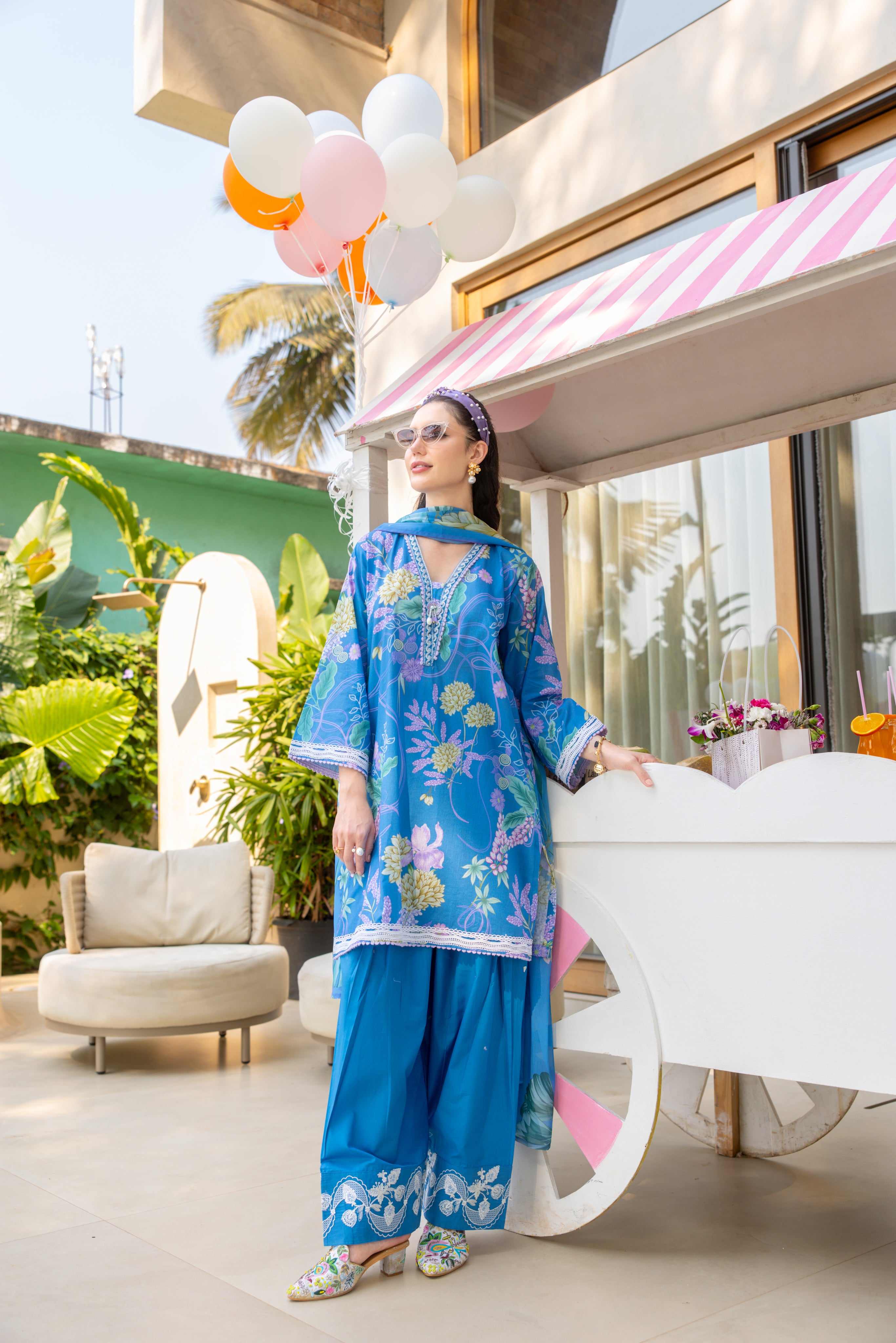 Cerulean Flora Printed Cotton Anarkali Set