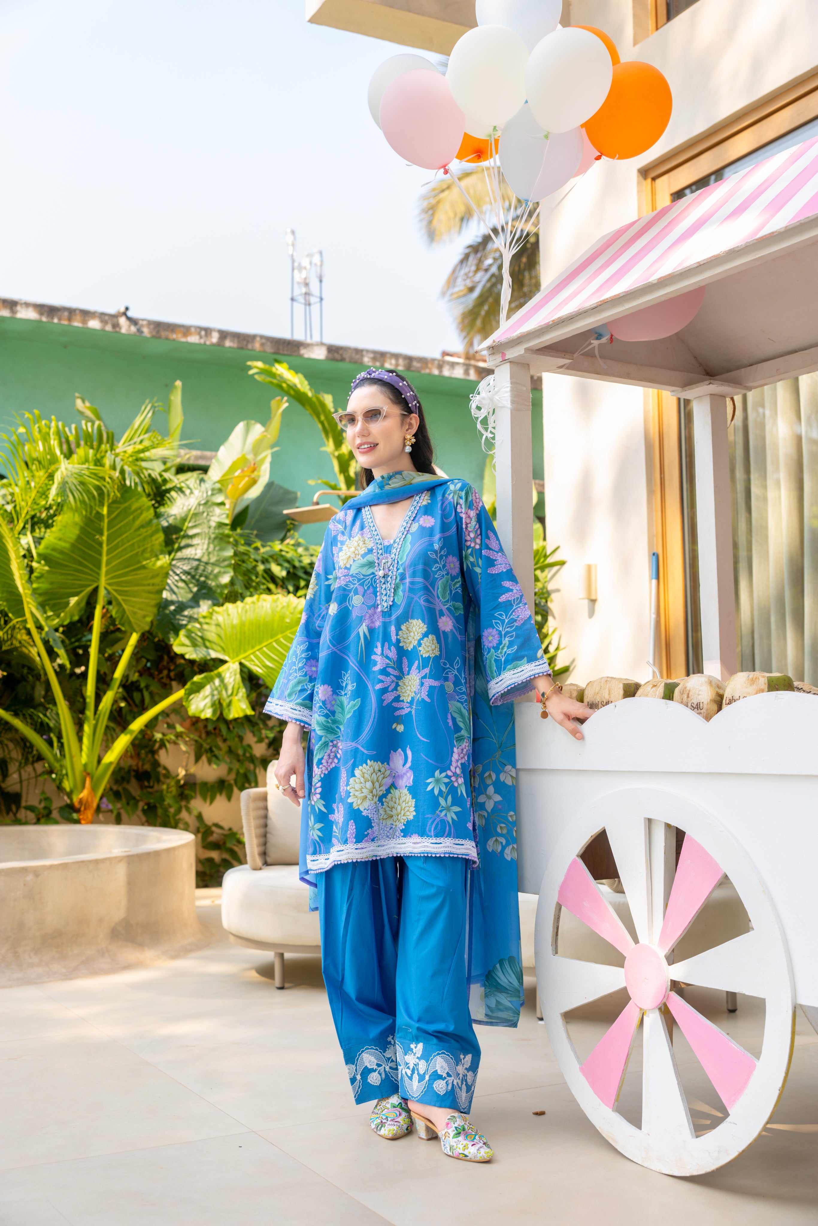 Cerulean Flora Printed Cotton Anarkali Set