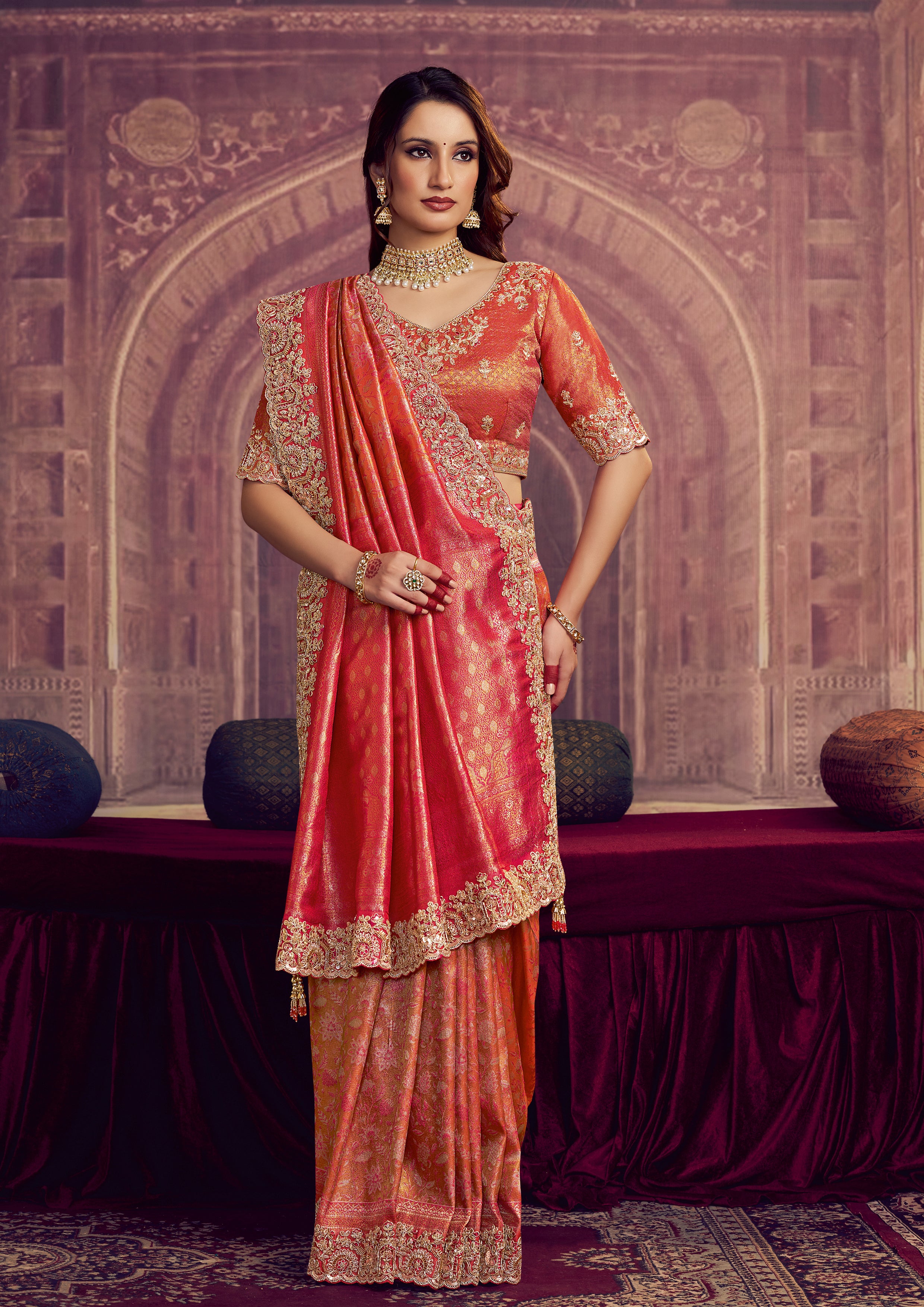 Coral Orange Embellished Kanjivaram Silk Saree
