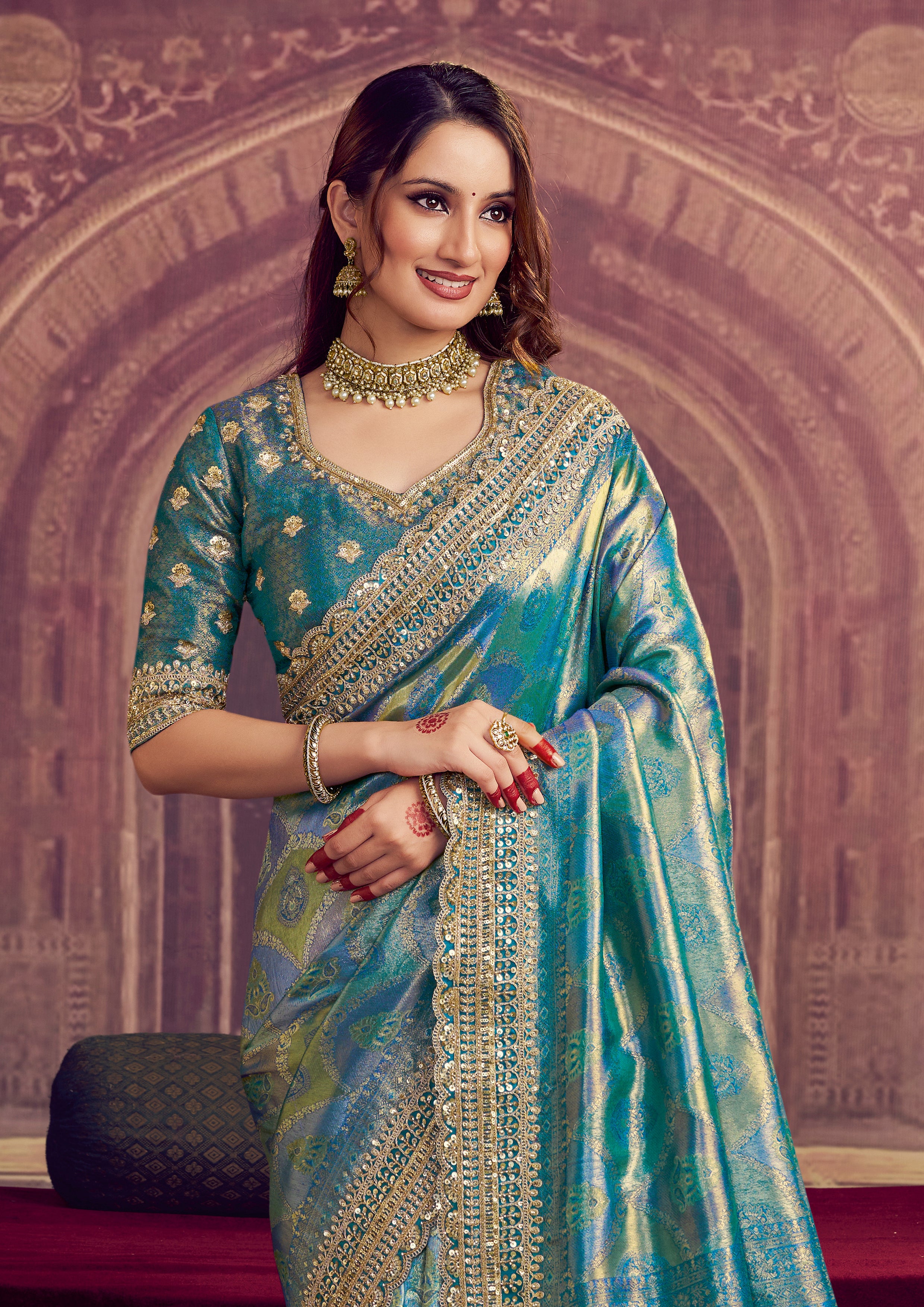 Peacock Blue Embellished Kanjivaram Silk Saree