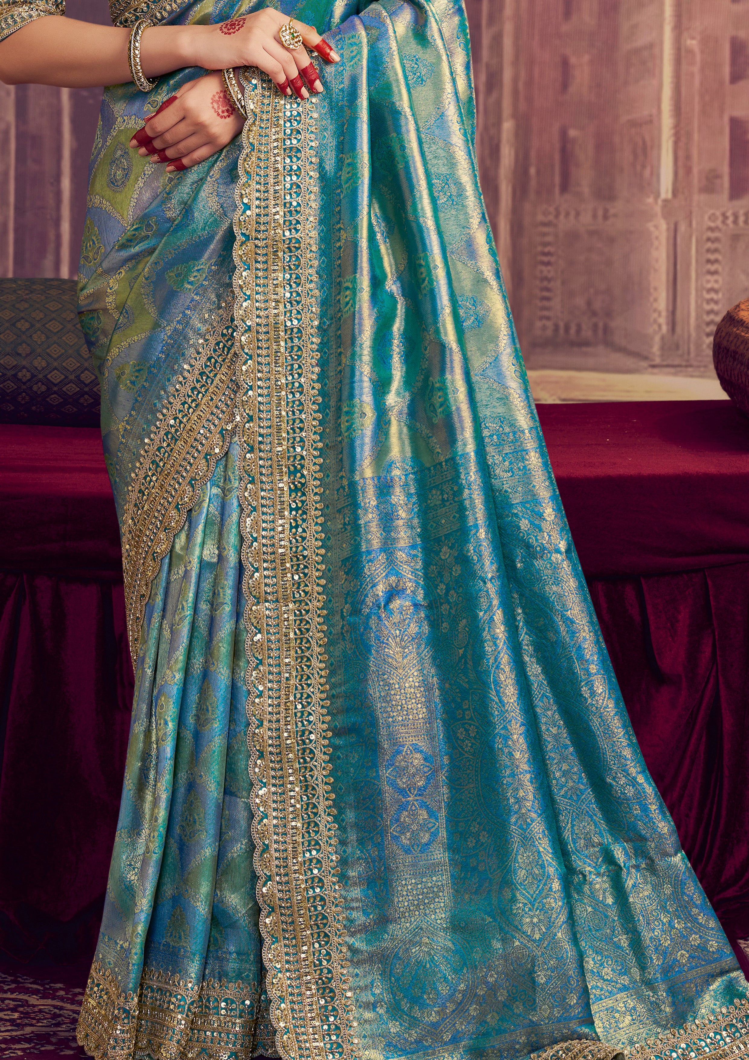 Peacock Blue Embellished Kanjivaram Silk Saree
