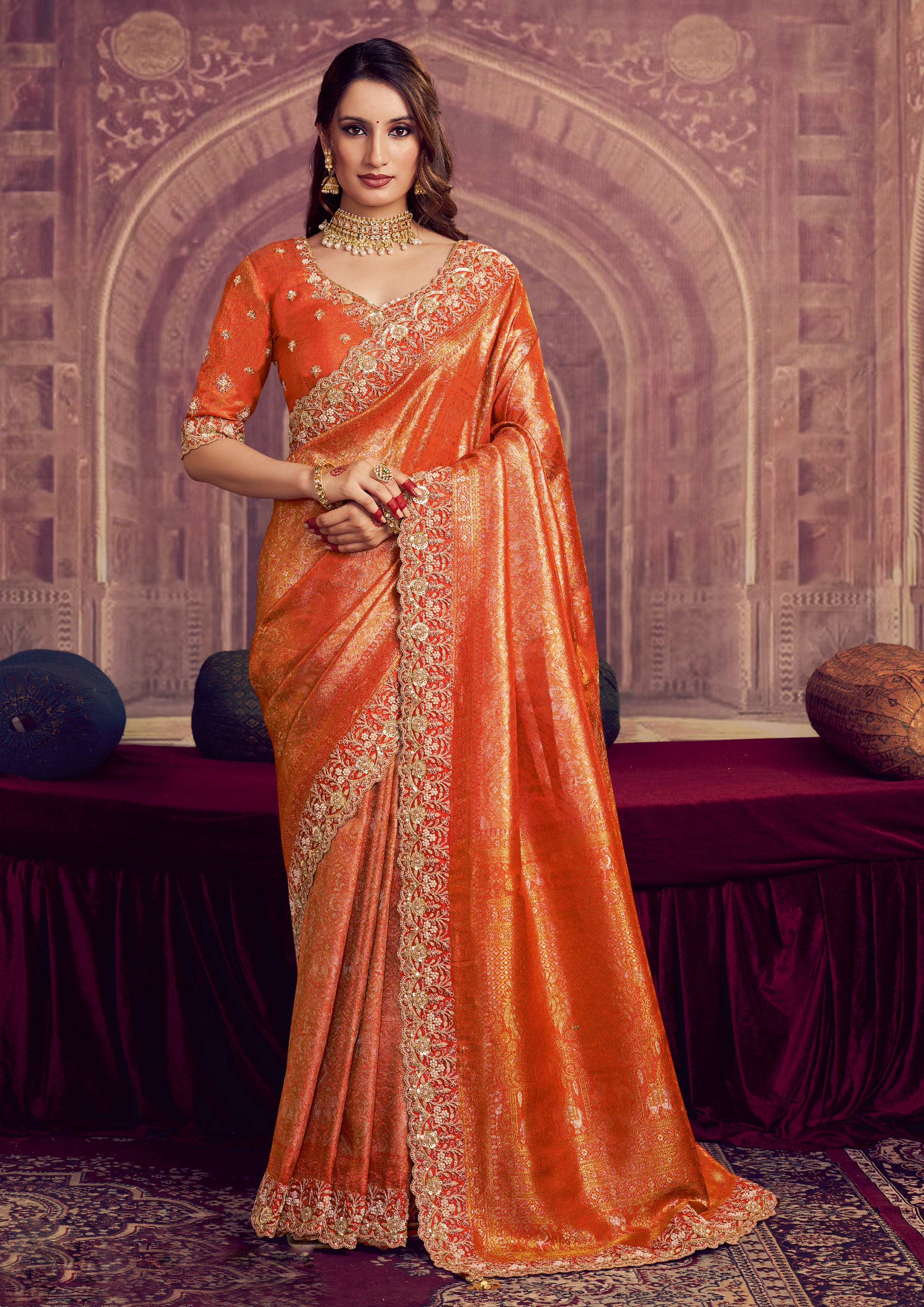 Marigold Orange Embellished Kanjivaram Silk Saree
