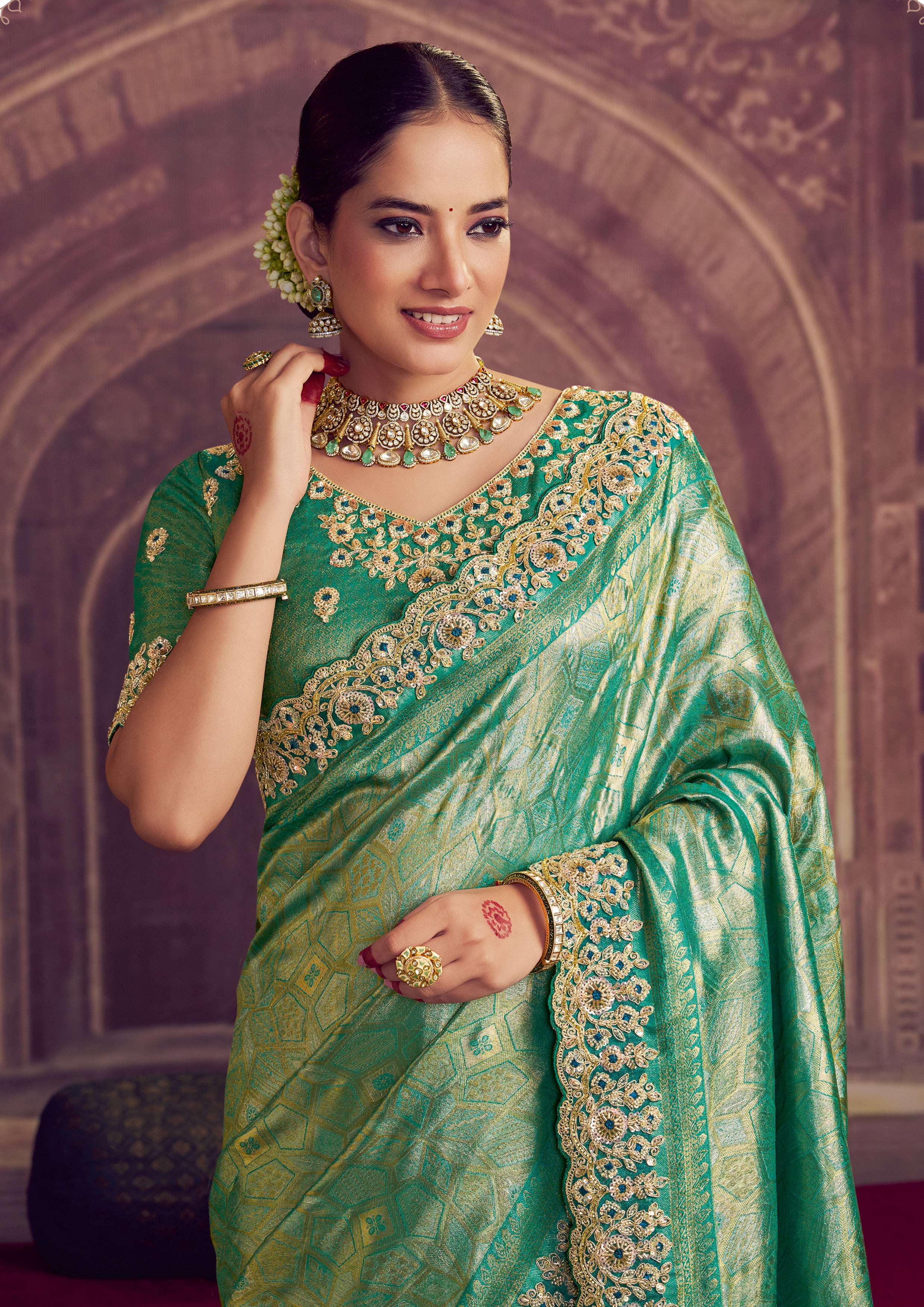 Sparkle Green Embellished Kanjivaram Silk Saree