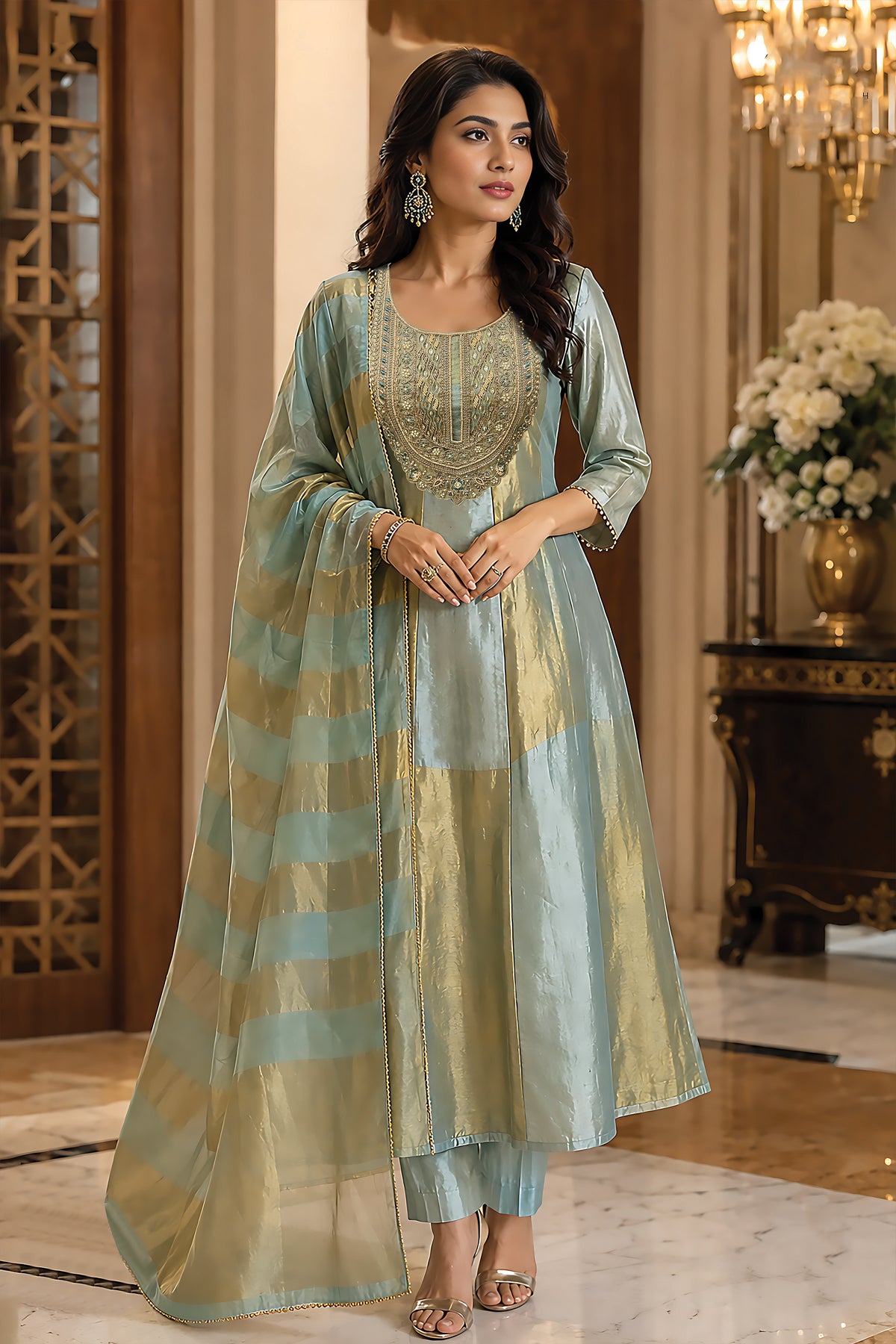 Elegant Light Teal Embellished Mul Silk Anarkali Set