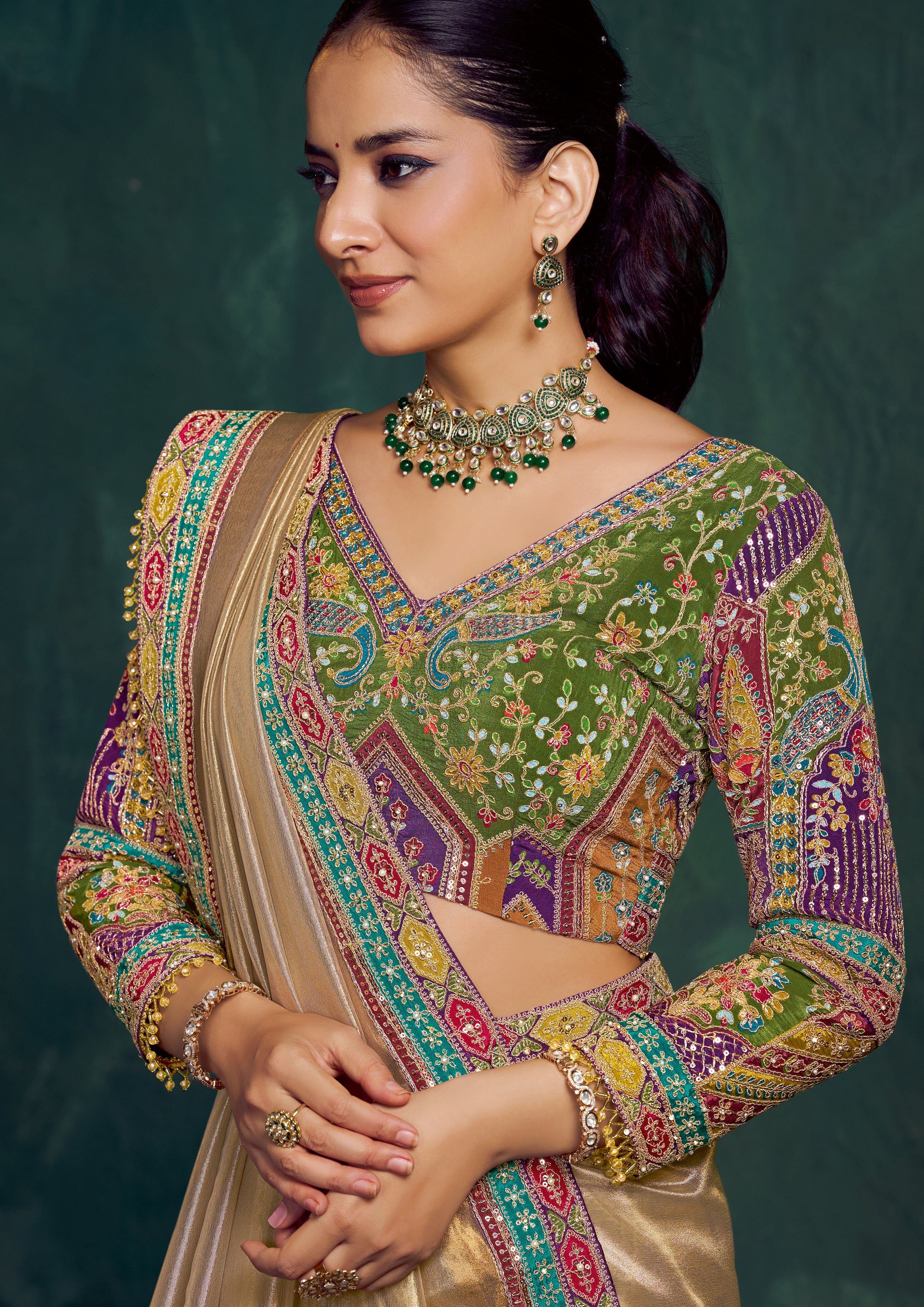 Muted Gold Embroidered Shimmer Tissue Silk Saree