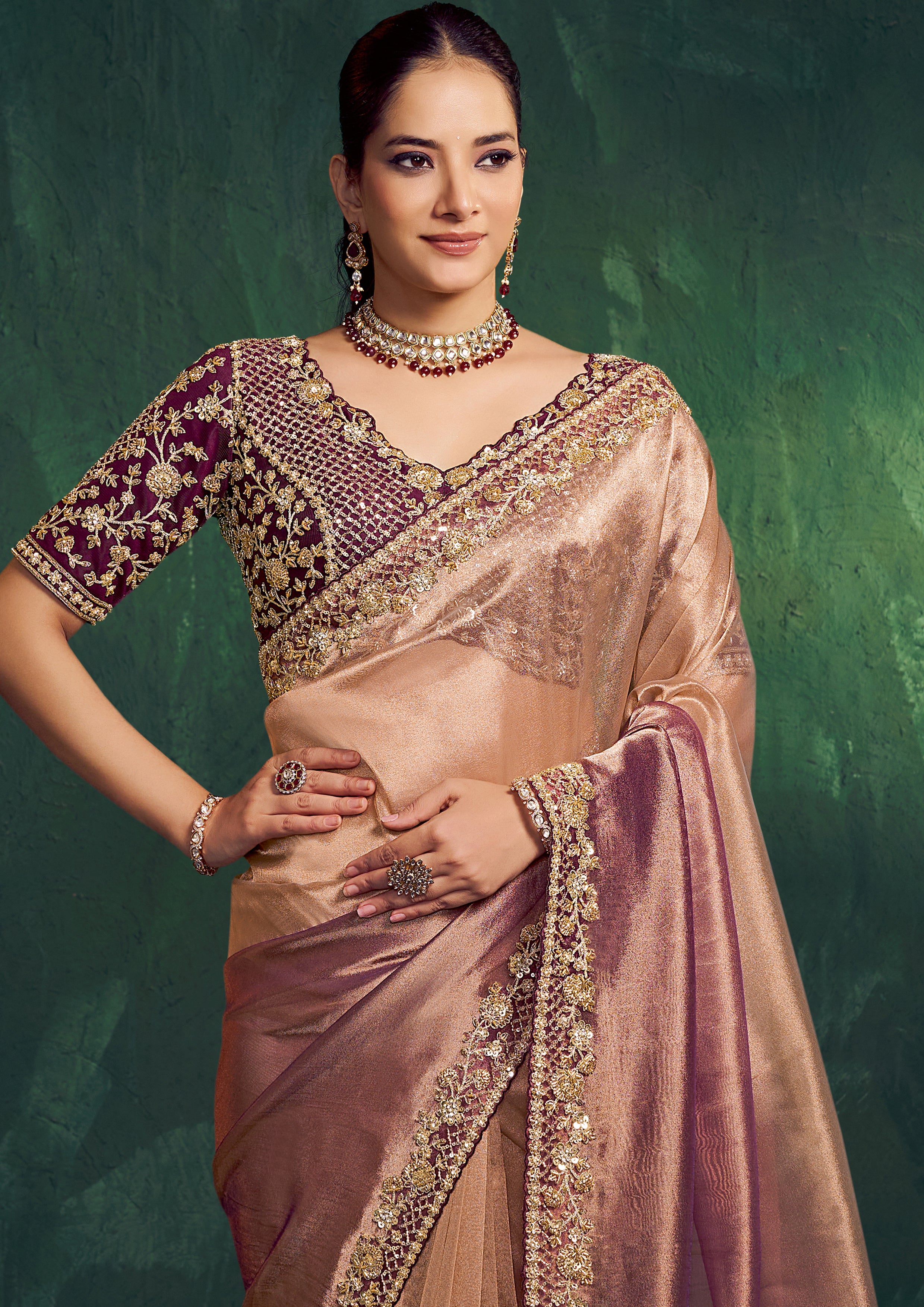 Dusty Mauve Gold Embellished Shimmer Tissue Silk Saree