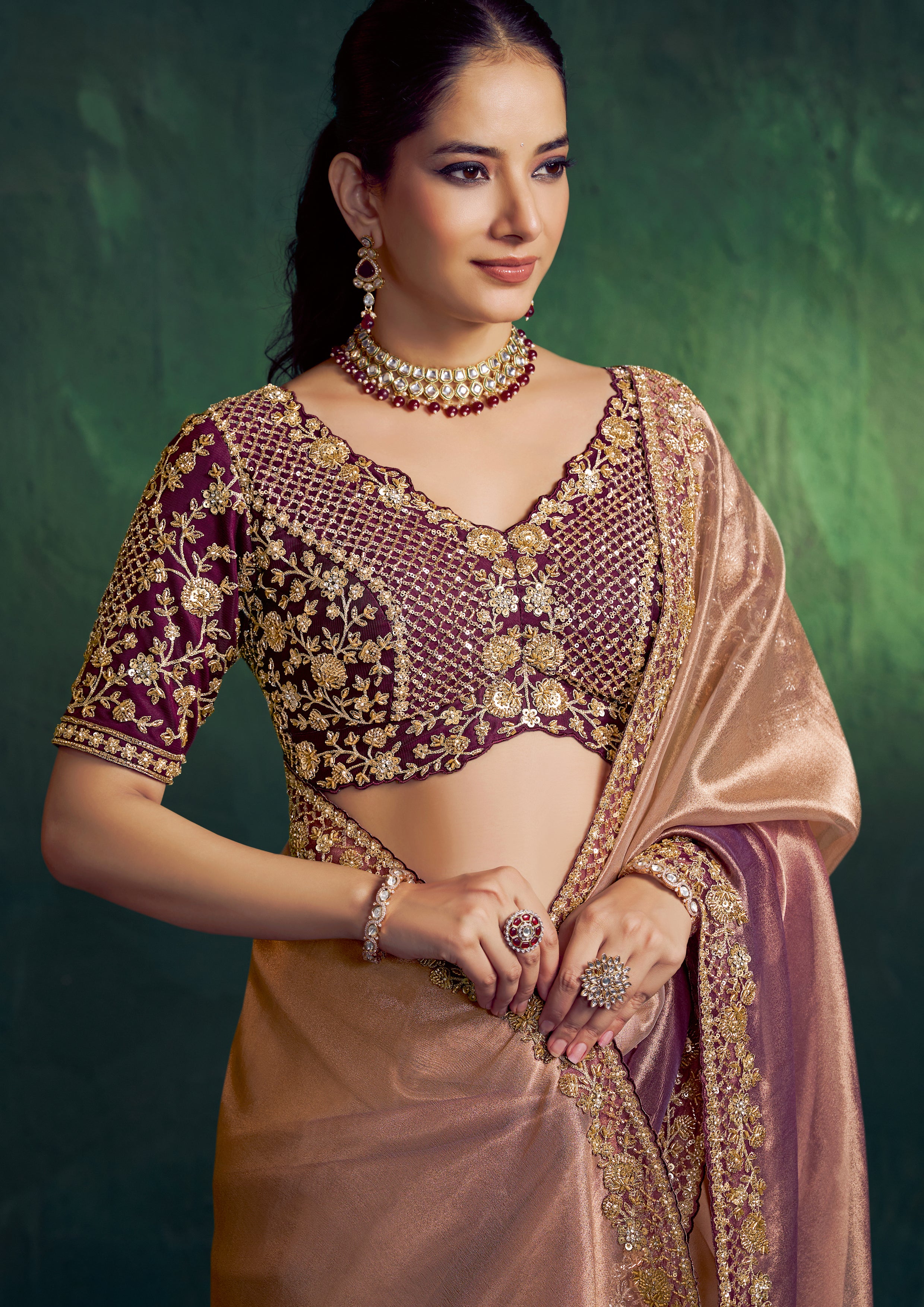 Dusty Mauve Gold Embellished Shimmer Tissue Silk Saree