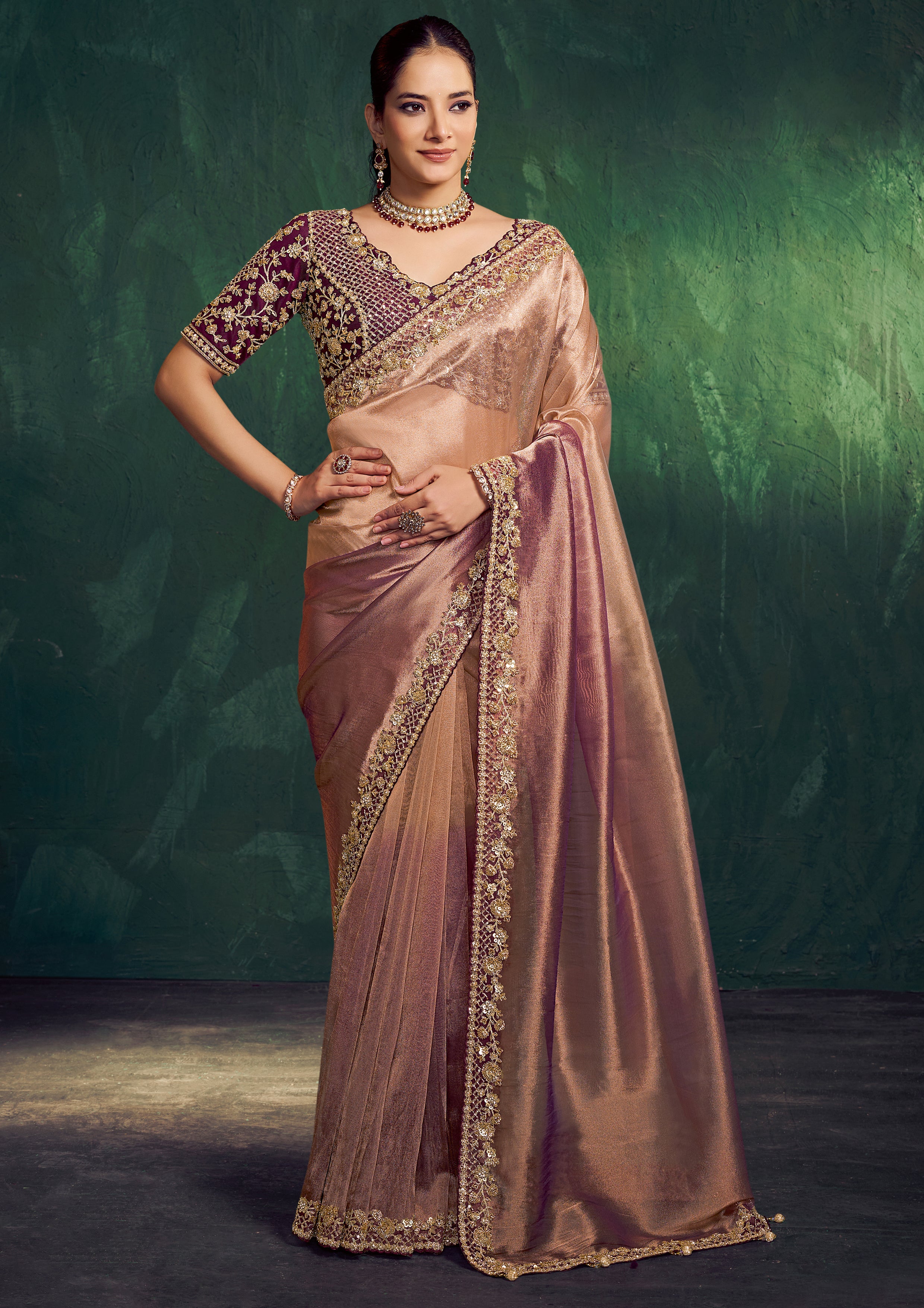 Dusty Mauve Gold Embellished Shimmer Tissue Silk Saree