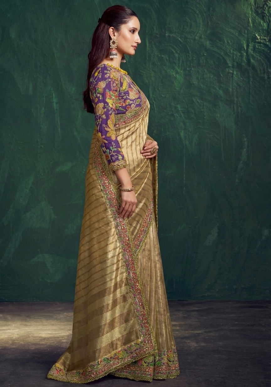 Champagne Gold Embroidered Shimmer Tissue Silk Saree