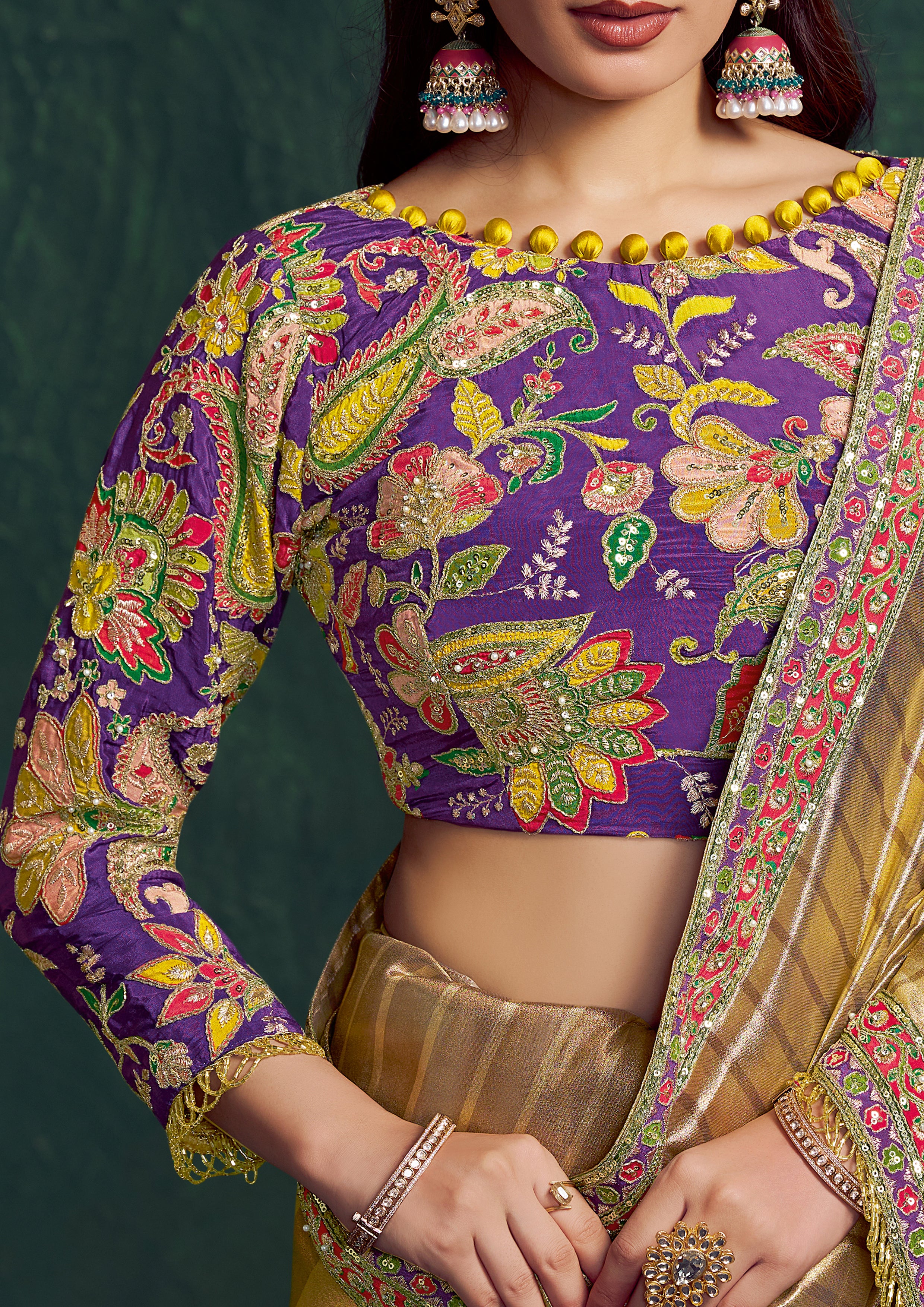 Champagne Gold Embroidered Shimmer Tissue Silk Saree