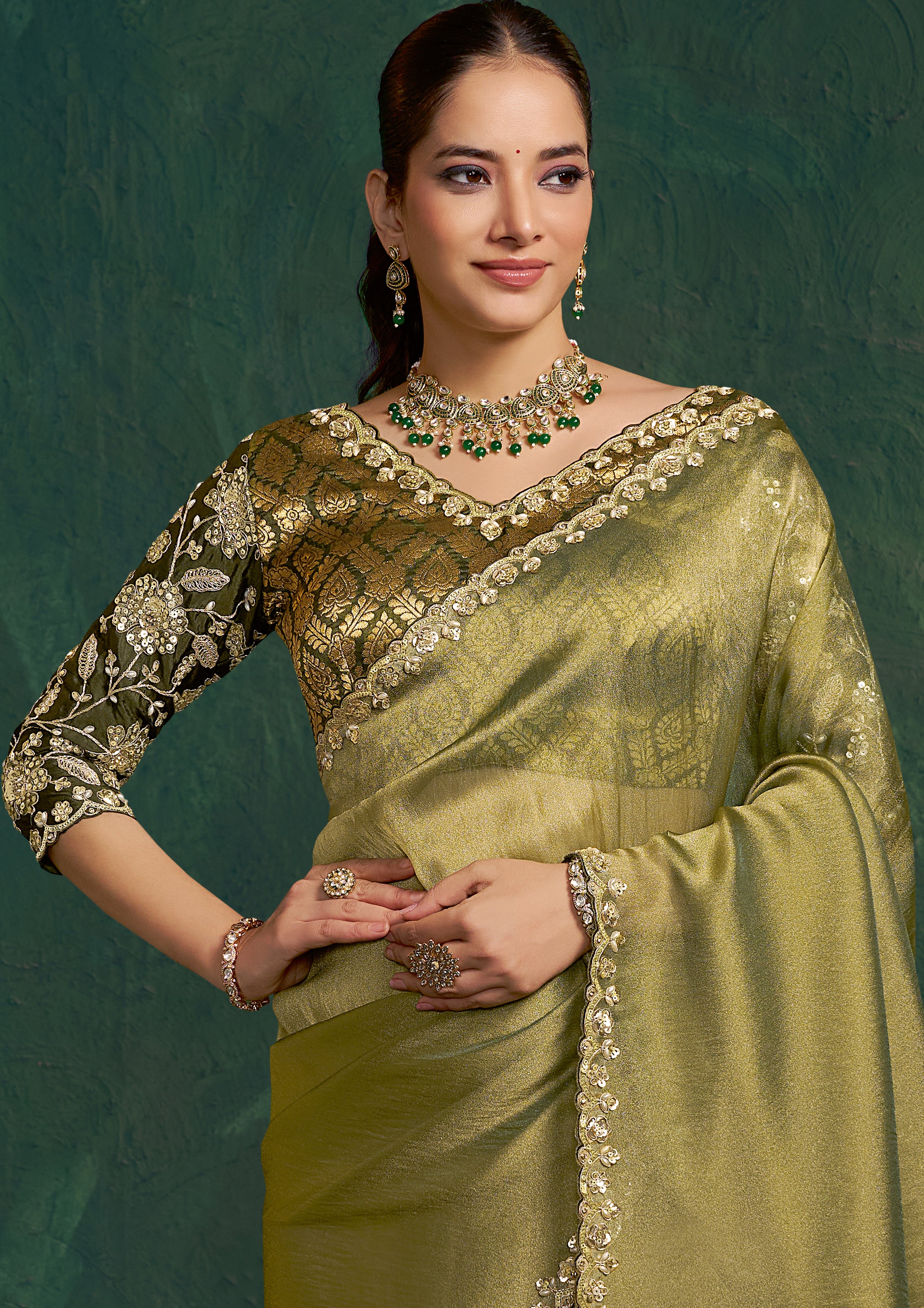 Olive Green Embellished Tissue Silk Saree